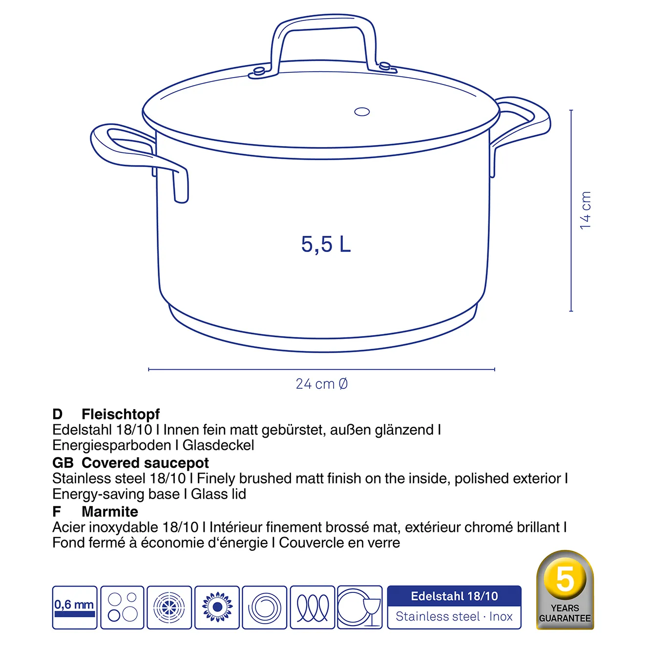 Edelstahl Fleischtopf 5,5L mit Glasdeckel – Induktion, energiesparend, 18/10 5,5 L Edelstahl-Fleischtopf mit Glasdeckel, 24 cm Durchmesser, 14 cm Höhe, mattgebürstet innen, glänzend außen
