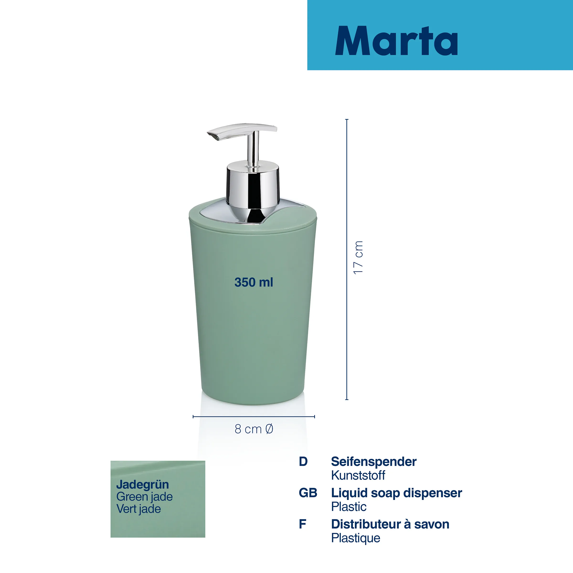 Seifenspender Marta 350ml jadegrün Kunststoff Badezimmer Jadegrüner Seifenspender Marta aus Kunststoff, 350 ml, 17 cm hoch, mit Maßangaben und Pumpe aus Chrom
