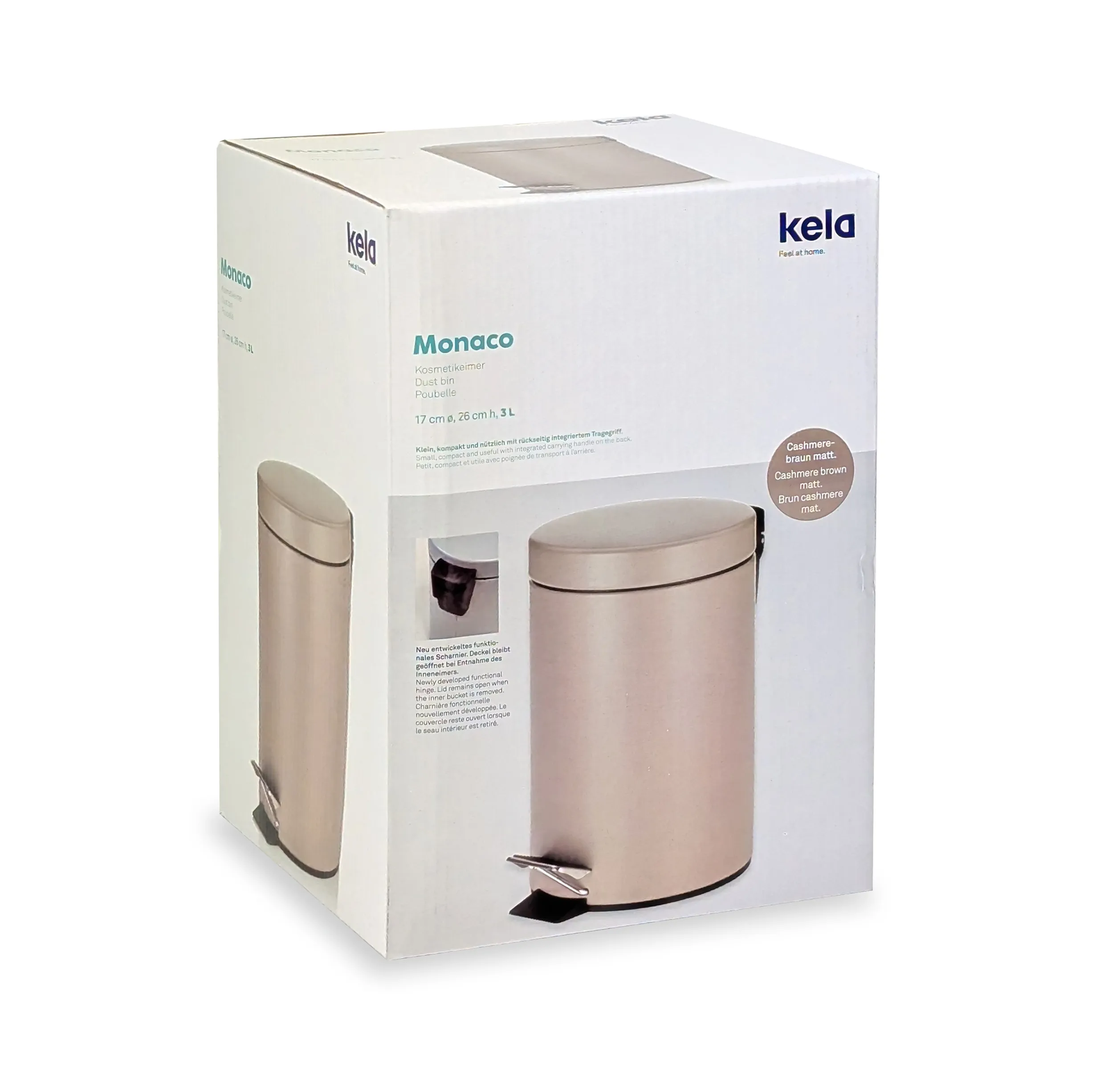 Kela Monaco Kosmetik-Mülleimer Cashmere-Braun 3L Kela Monaco Kosmetik-Mülleimer in Cashmere-Braun mit Trittmechanismus, 3 Liter Fassungsvermögen, in Originalverpackung.