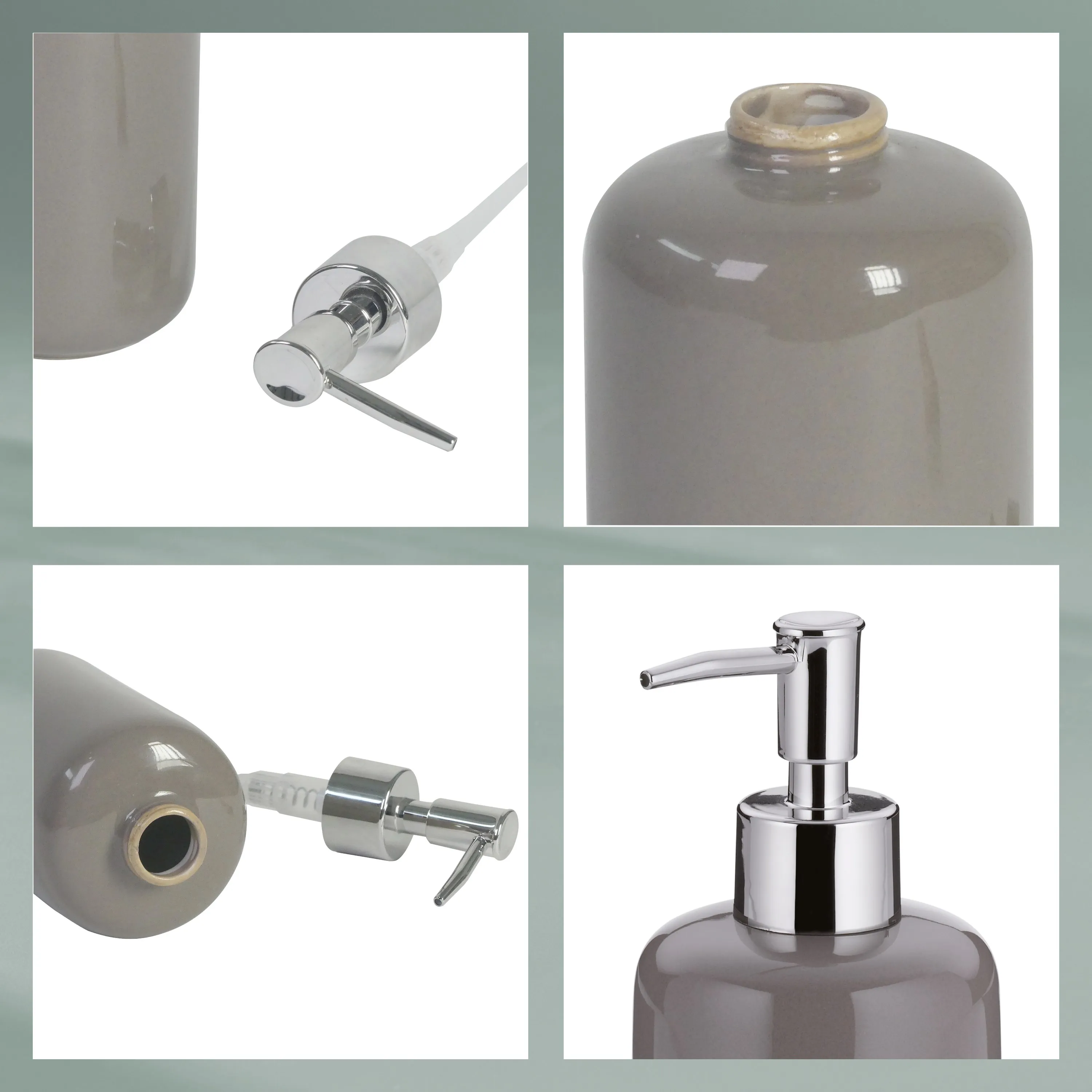 Seifenspender Flasche mit Pumpenzerstäuber - Details Vier Detailaufnahmen einer grauen Seifenspenderflasche mit Pumpenzerstäuber und Befestigungselementen