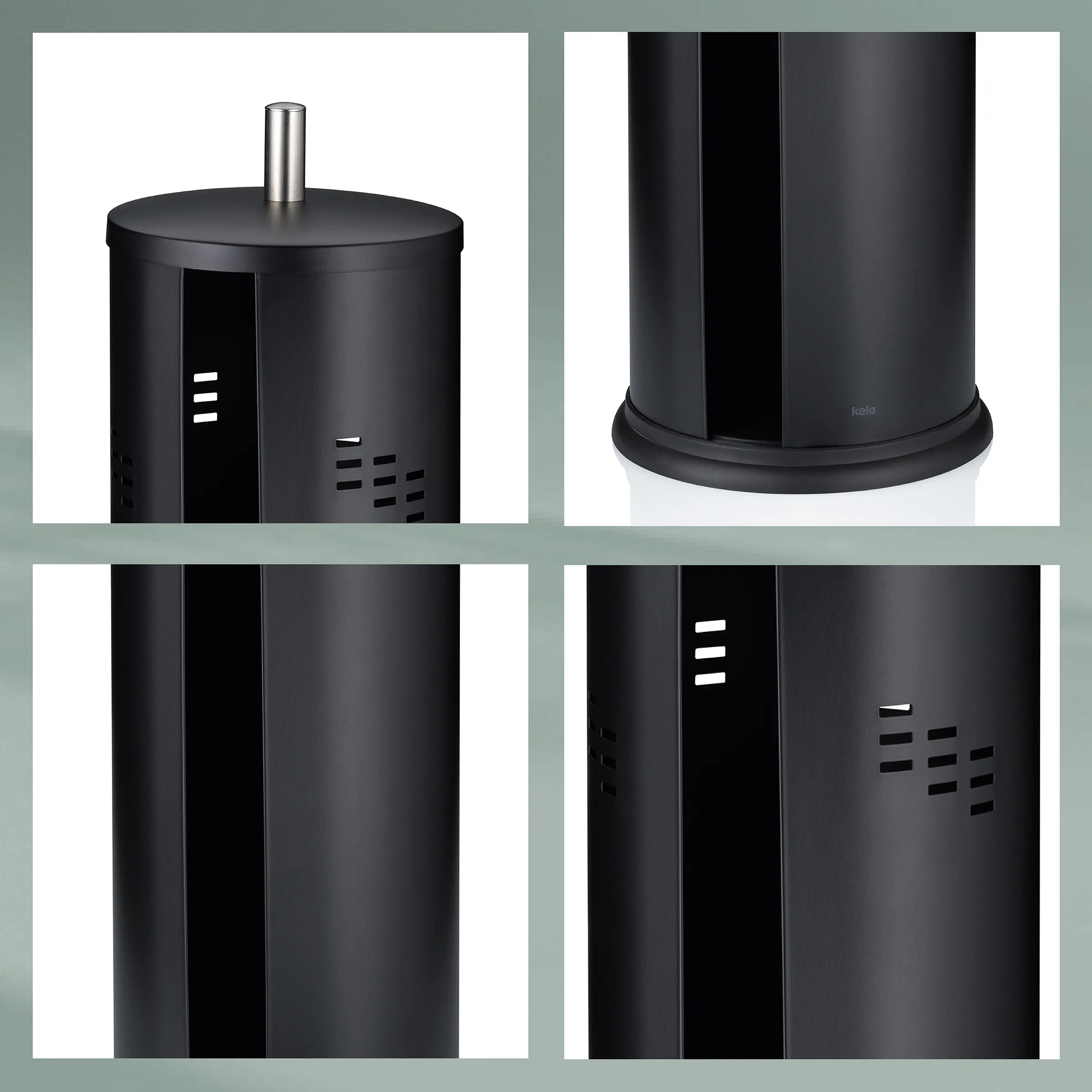 Design Papierkorb Behälter schwarz modern Schwarzer zylindrischer Papierkorbtyp mit Metallstab, verschiedene Ansichten von oben, vorne, hinten und Seite