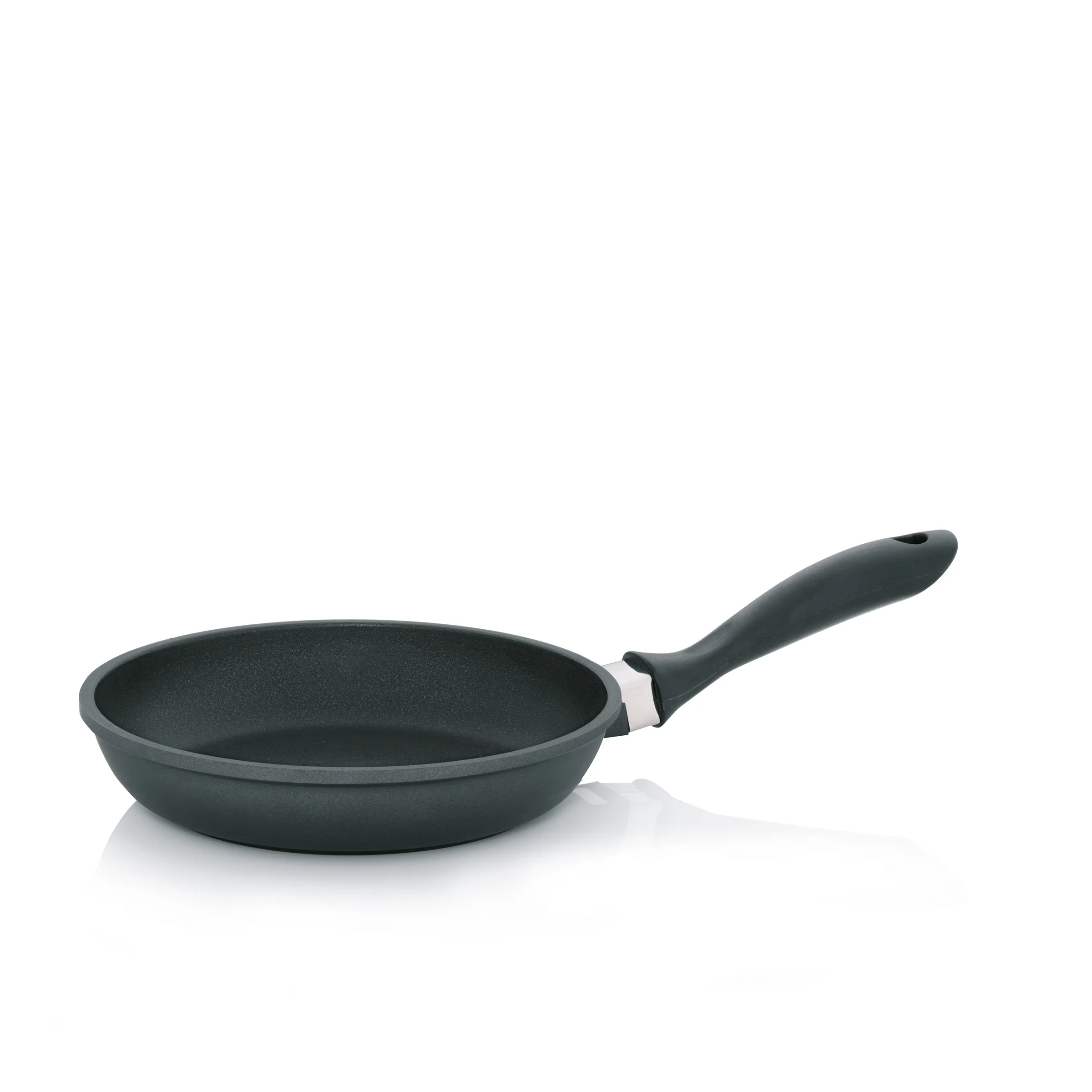 Schwarze Antihaft-Bratpfanne mit ergonomischem schwarzem Griff auf weißem Hintergrund