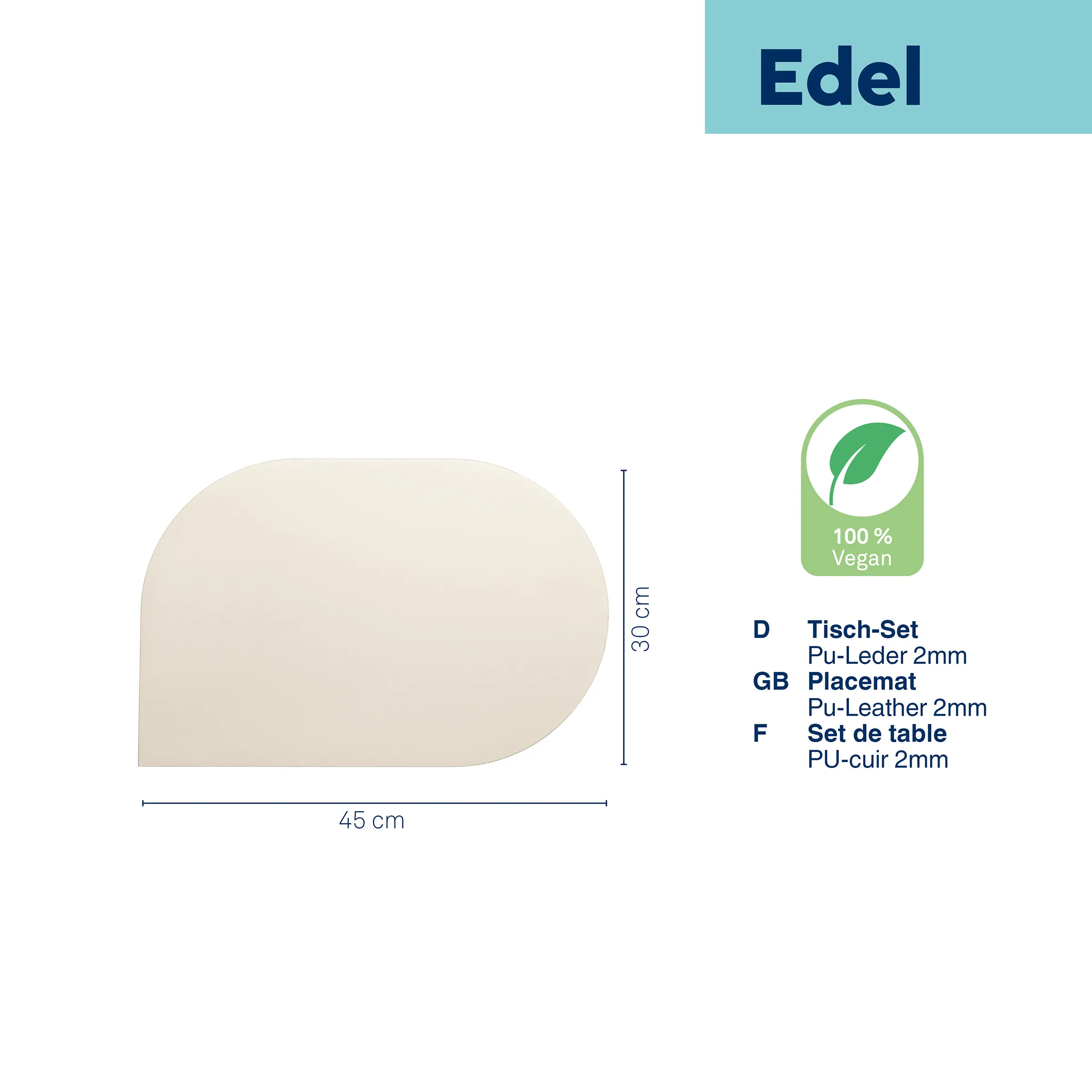 Beiger Tisch-Set aus Pu-Leder, abgerundete Form, 45 cm breit, 30 cm hoch, 100% vegan