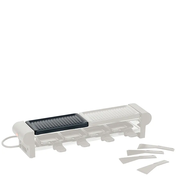 Raclette-Grill mit Grillplatten und Pfännchen für Tischgrill Raclette-Grill mit zwei auswechselbaren Grillplatten und vier Pfännchen, transparent-schwarz