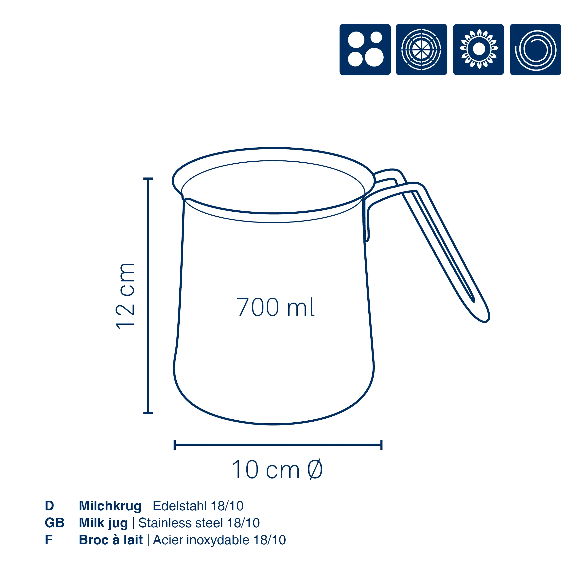 Milchkrug Edelstahl 18/10 – 700 ml Milchkännchen mit Griff Milchkrug aus Edelstahl 18/10 mit Henkel, 700 ml Fassungsvermögen, 10 cm Durchmesser, 12 cm Höhe