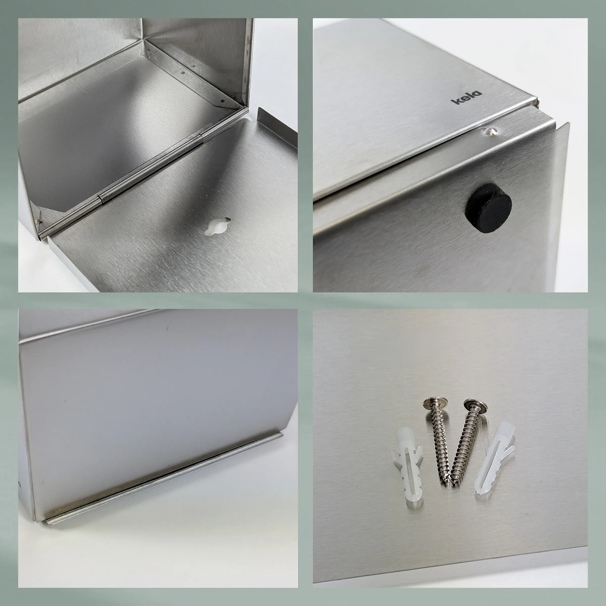 Edelstahl Papiertuchspender Wandmontage Edelstahl-Papiertuchspender mit offenem Deckel, Bedienungsausschnitt und Montagematerial aus Schrauben und Dübeln.