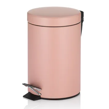 Rosa Treteimer mit schwarzem Fuß und Deckel, modernes Design mit Griff und Pedalöffnung