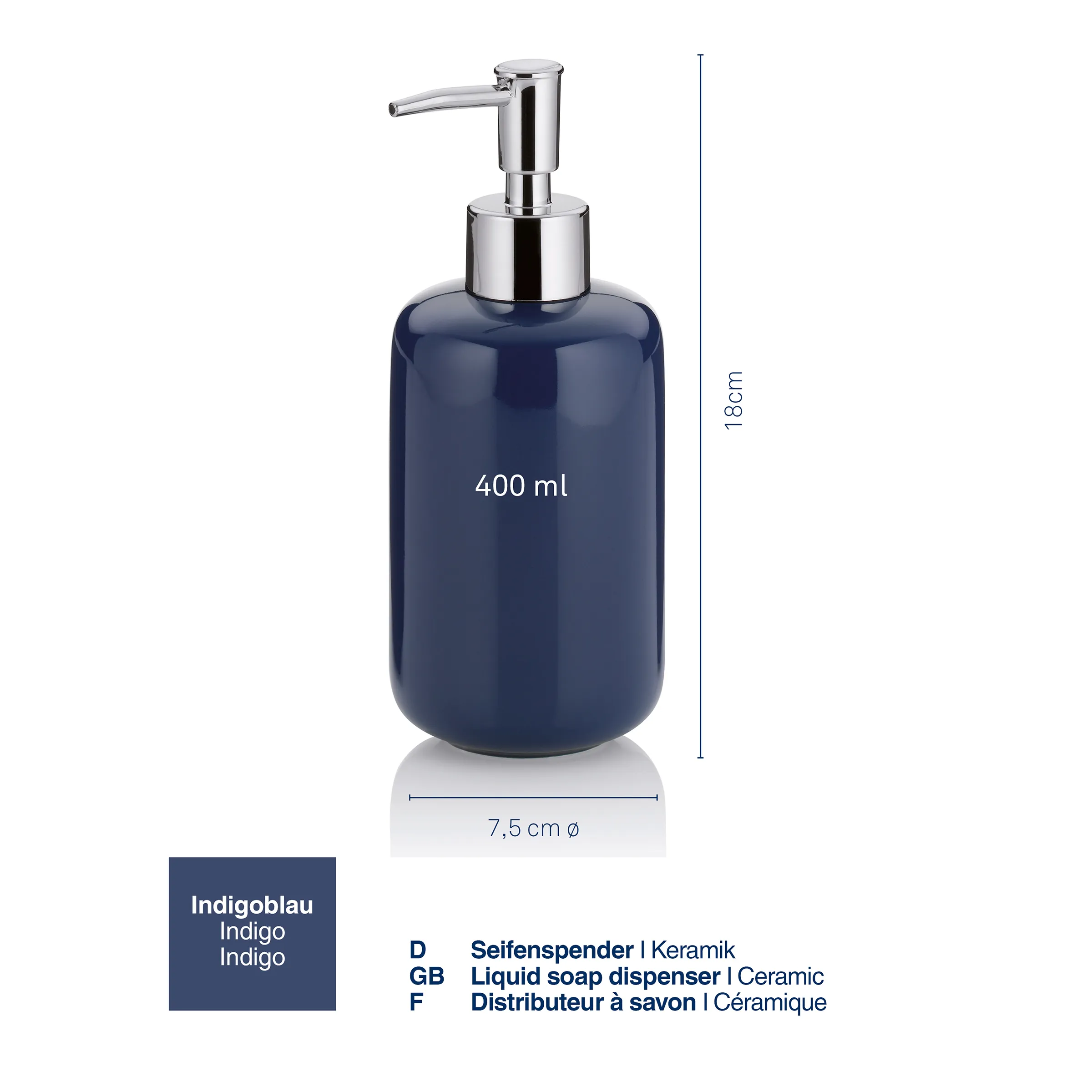 Seifenspender Keramik Indigo 400 ml Indigoblauer Seifenspender aus Keramik, 400 ml, mit Chromdeckel und Pumpaufsatz, Höhe 18 cm