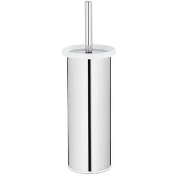Contemporary toilet brush with cylindrical stainless steel container, white lid and chrome handle