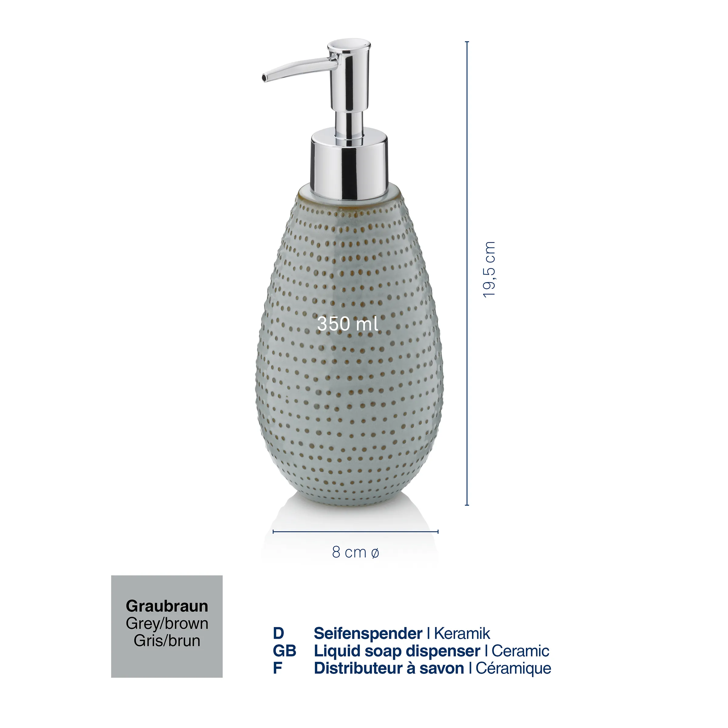 Graubrauner Keramik-Seifenspender mit Punktmuster, 350 ml, Chrom-Pumpe, 19,5 cm hoch, 8 cm Durchmesser