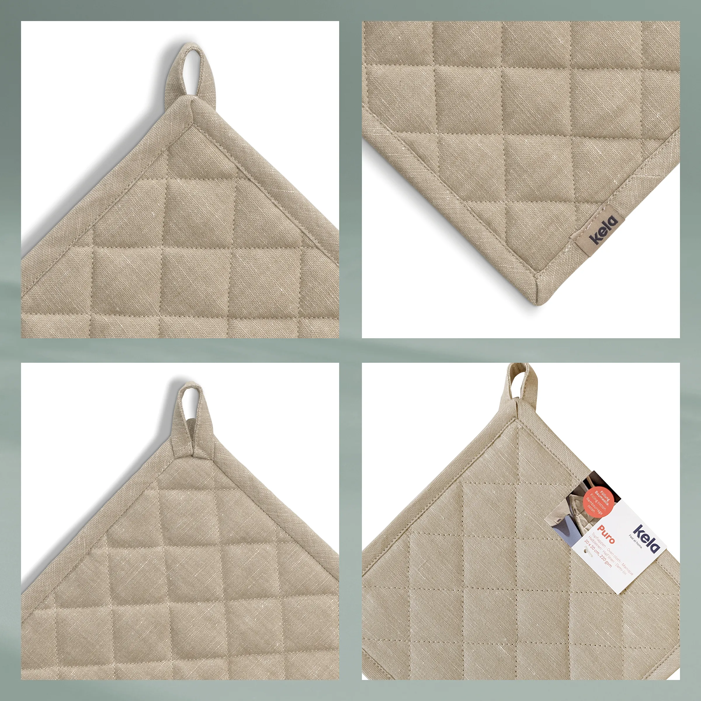 Gesteppte Topflappen dreieckig beige - Kela Küchentextilien mit Aufhänger Beige gesteppte Topflappen in dreieckiger Form mit Aufhänger und Kela-Logo, Nahaufnahme aus vier Perspektiven