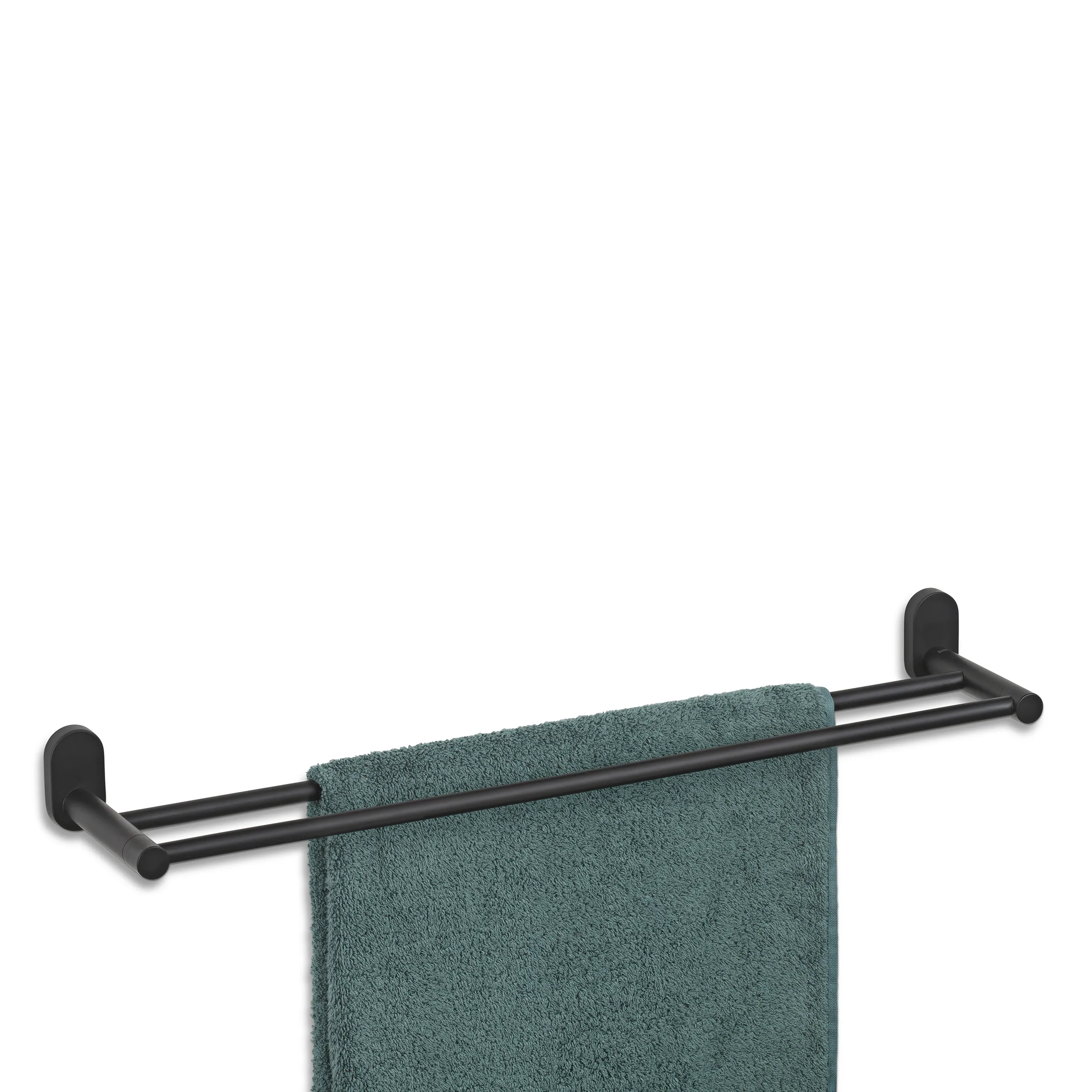 Handtuchstange schwarz - modernes Badezimmer Accessoire Schwarze Handtuchstange an weißer Wand mit graugrünem Handtuch darauf