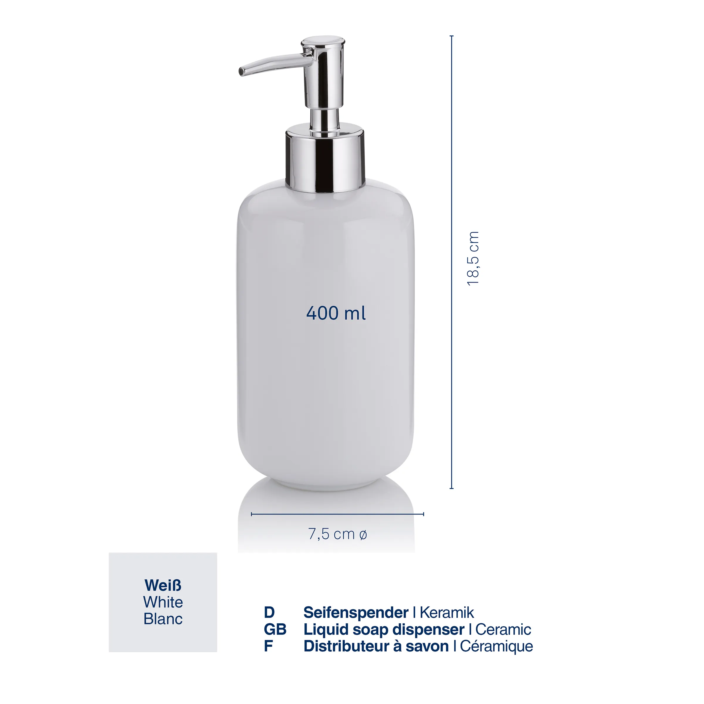 Keramik Seifenspender Weiß 400ml - Flüssigseifen-Dispenser für Badezimmer Weißer Keramik-Seifenspender 400 ml mit Chromaufsatz, 18,5 cm hoch, 7,5 cm Durchmesser