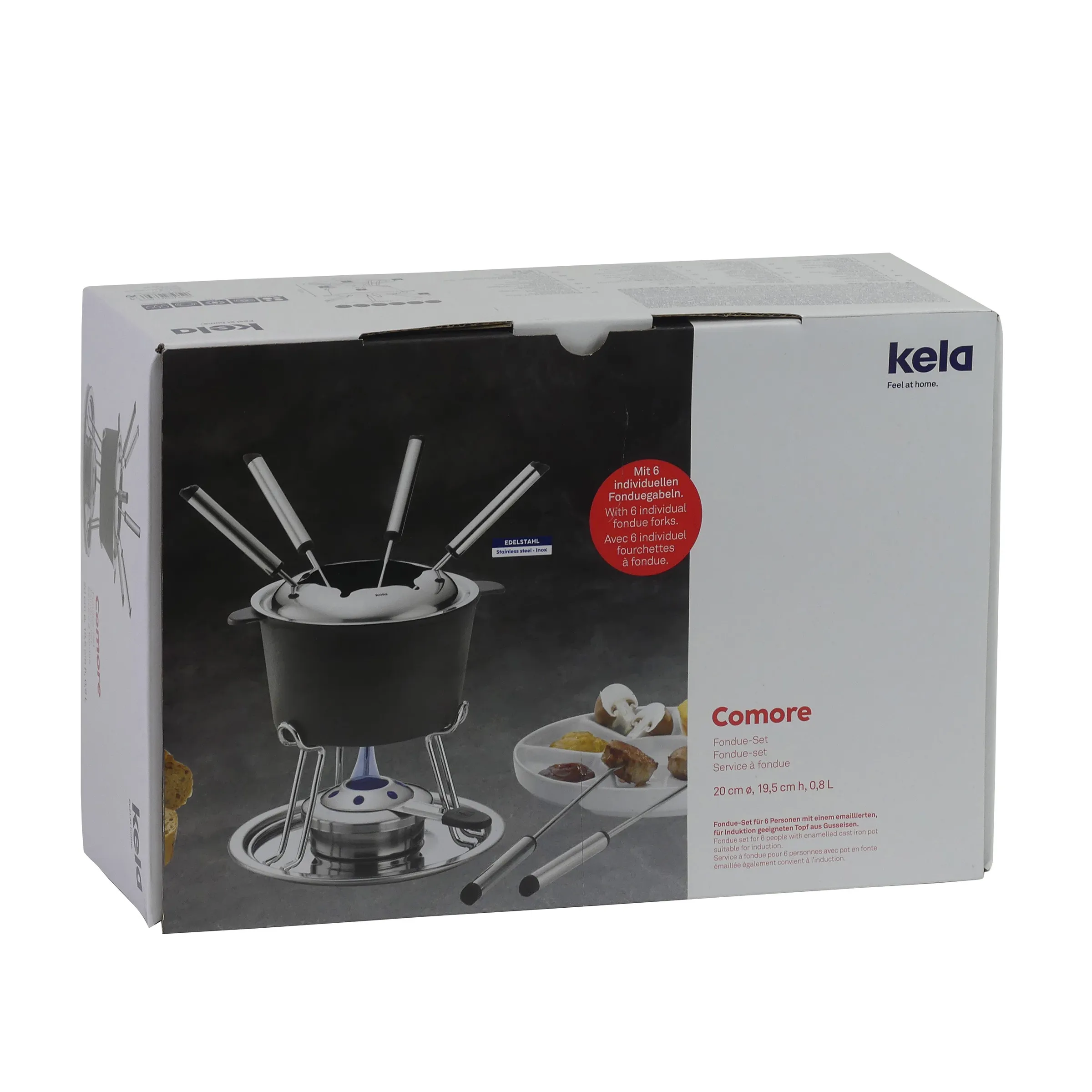 Kela Comore Fondue-Set mit 6 Gabeln und Edelstahlständer Kela Comore Fondue-Set mit schwarzem Topf, Edelstahlständer, Brenner und 6 individuellen Fonduegabeln