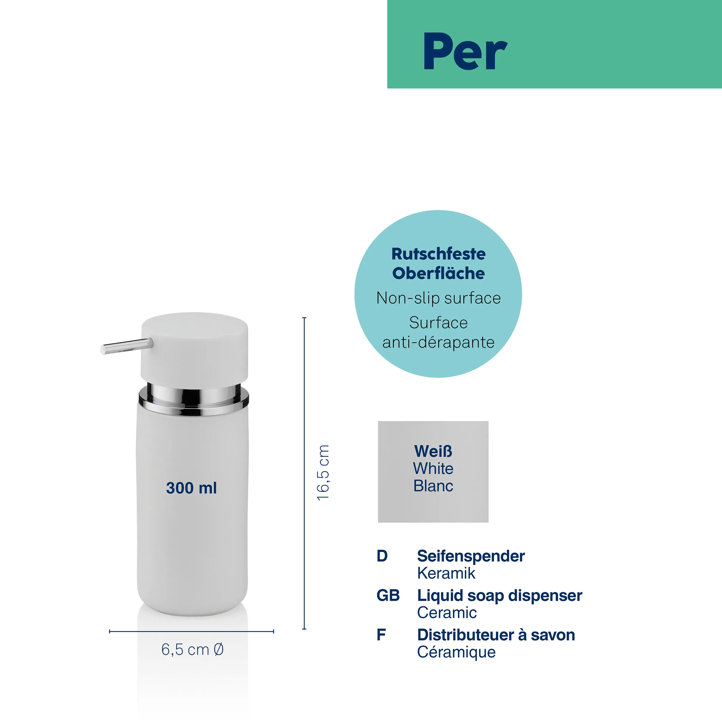 Weißer Keramik-Seifenspender, 300ml, 16,5cm hoch, 6,5cm Durchmesser, mit rutschfester Oberfläche