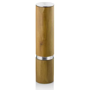 Holz-Pfeffermühle mit weißer Kappe und Mahlwerk, Edelstahlband in der Mitte, modernes Design