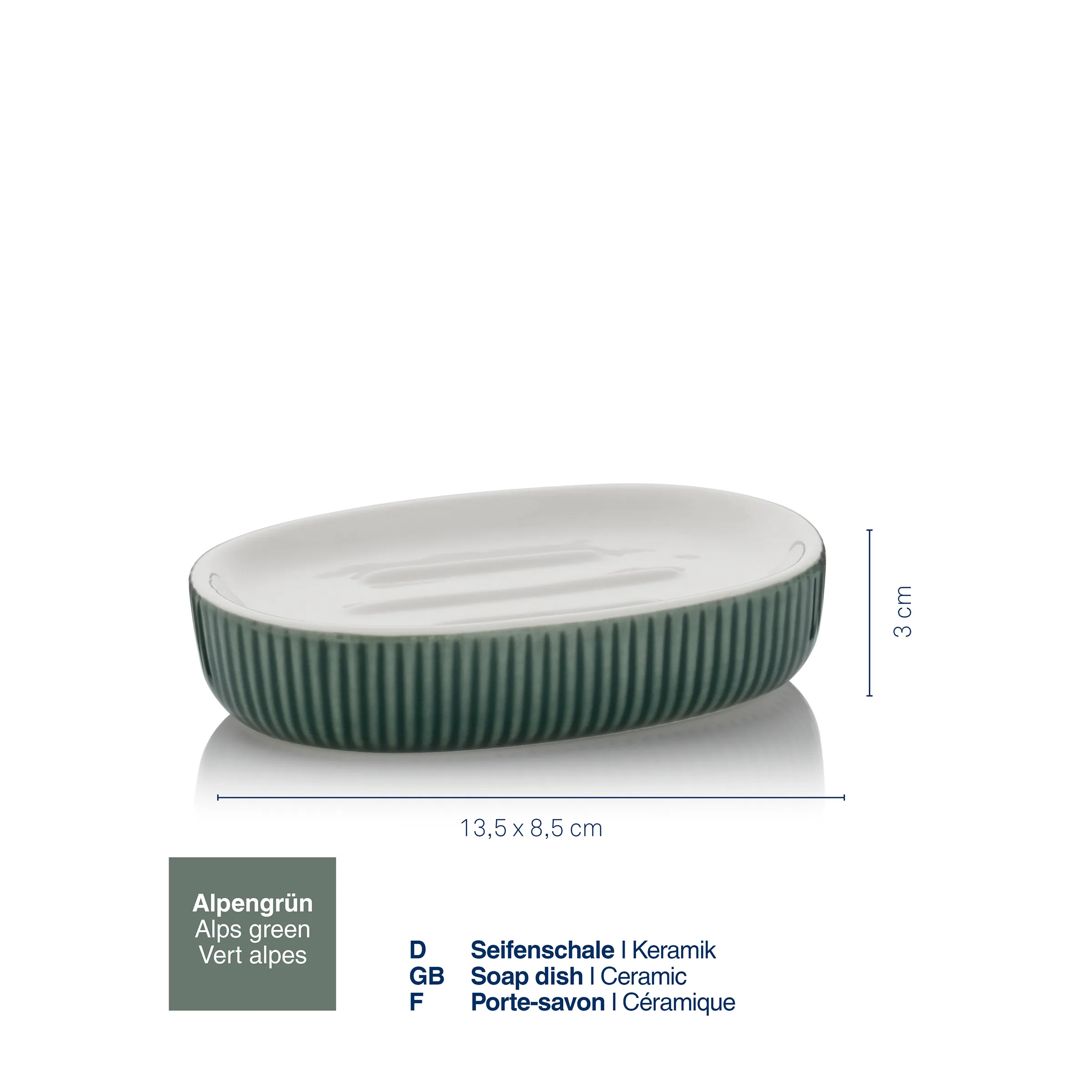 Alpengrüne ovale Seifenschale aus Keramik mit gerilltem Rand, 13,5 x 8,5 x 3 cm
