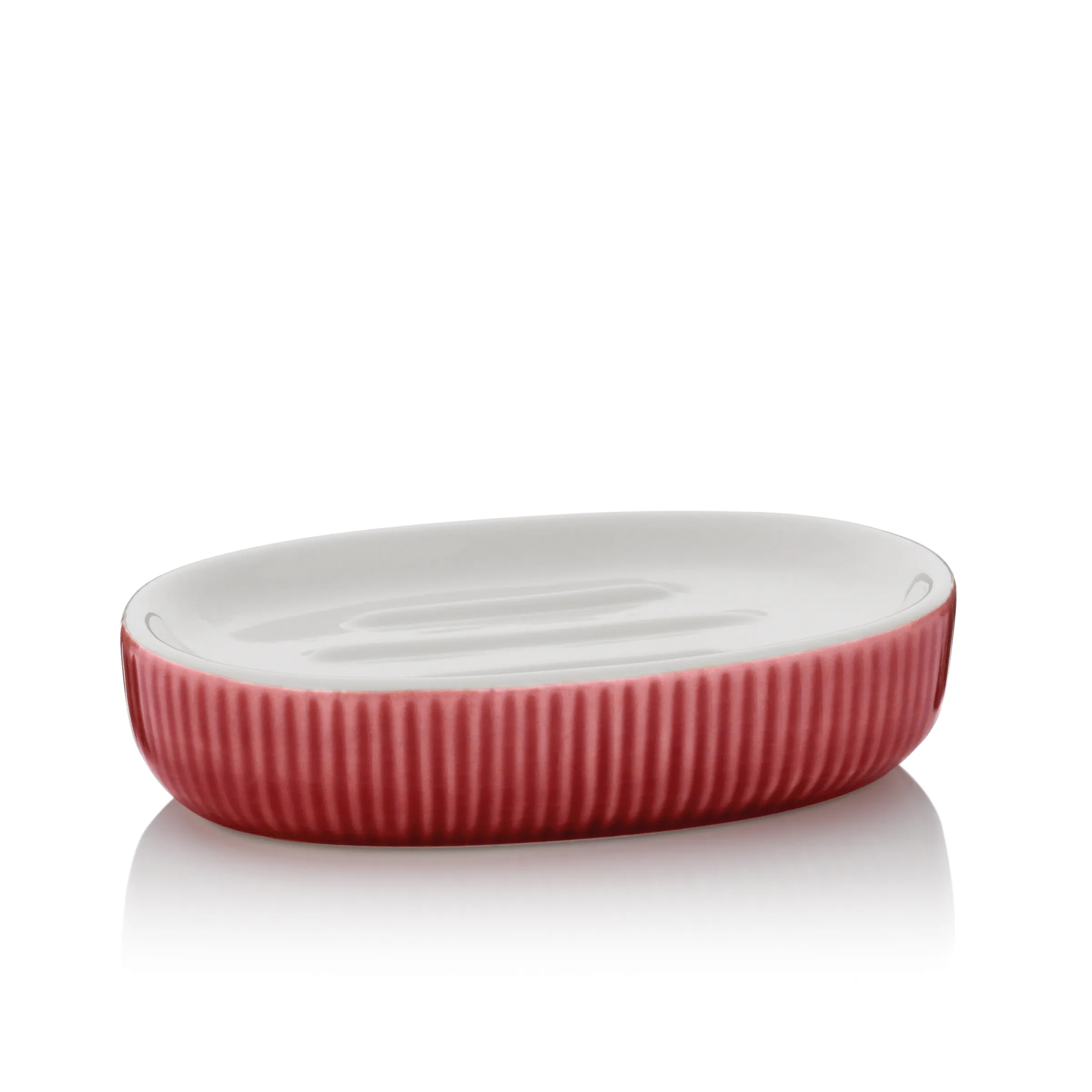 Keramik Seifenschale oval rosa gerillt - Badezimmer Seifenhalter Ovale Seifenschale aus Keramik in Rosa mit gerillter Außenseite und weißer Innenfläche mit Drainage