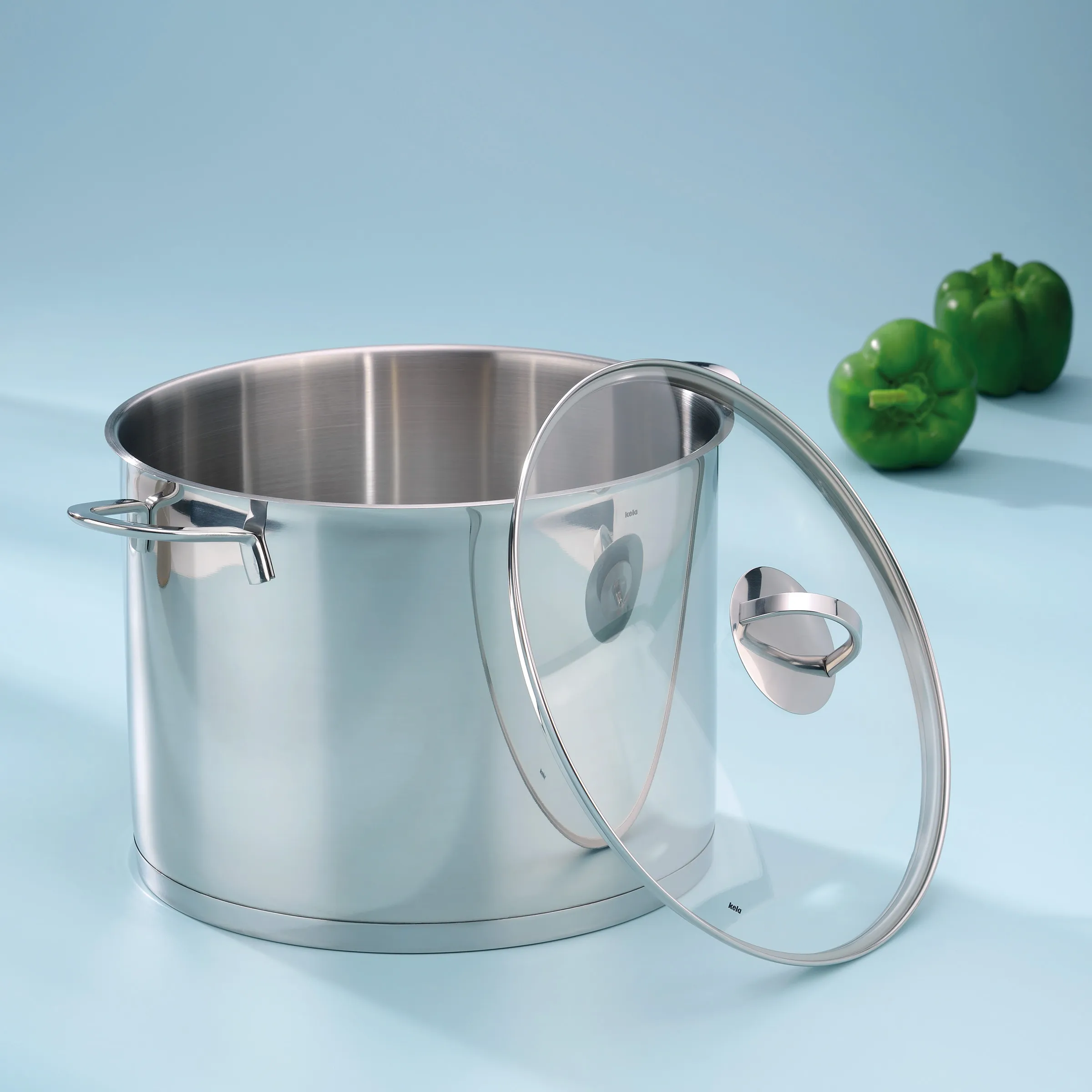 Edelstahl-Kochtopf mit Glasdeckel – Hochwertige Küchenpfanne für gesundes Kochen Edelstahl-Kochtopf mit Glasdeckel und zwei grünen Paprika auf hellblauem Hintergrund