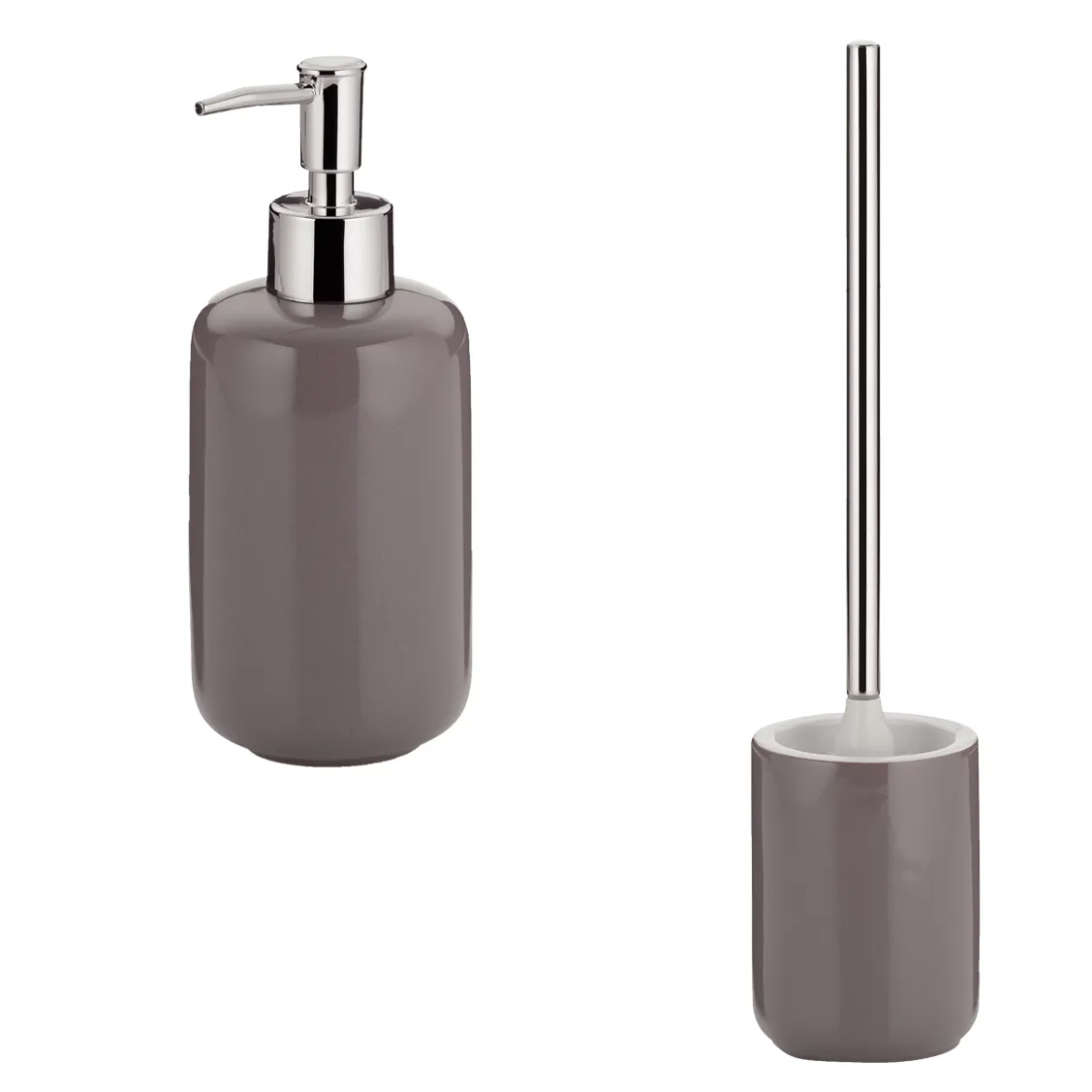 Grauer Seifenspender und WC-Bürste mit Chromdetails, modernes Badezimmer-Zubehör-Set