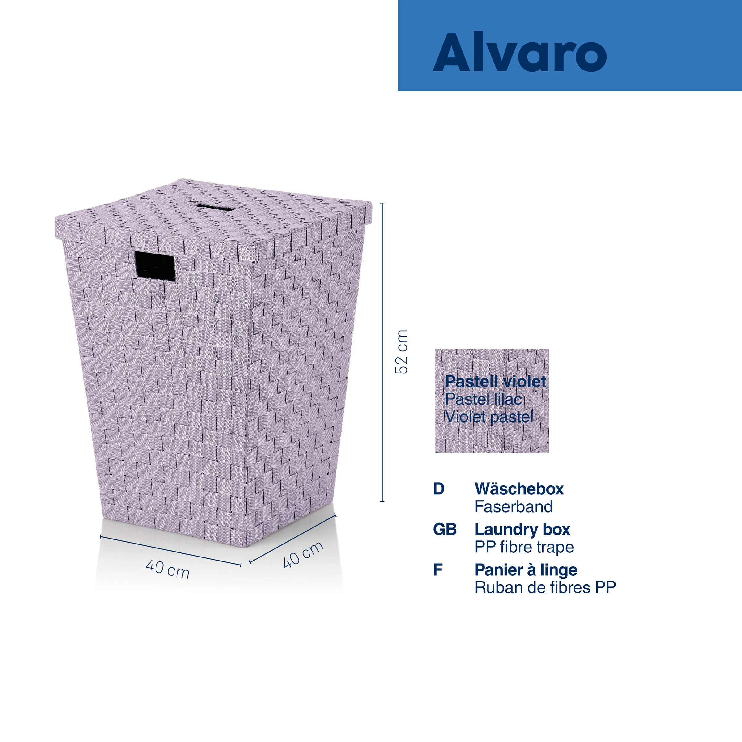 Alvaro Wäschebox Pastell Violett - Wäschekorb mit Deckel 52 cm Alvaro Wäschebox mit Deckel in Pastell Violett, 52x40x40 cm, gewebter Korb aus PP-Faserband