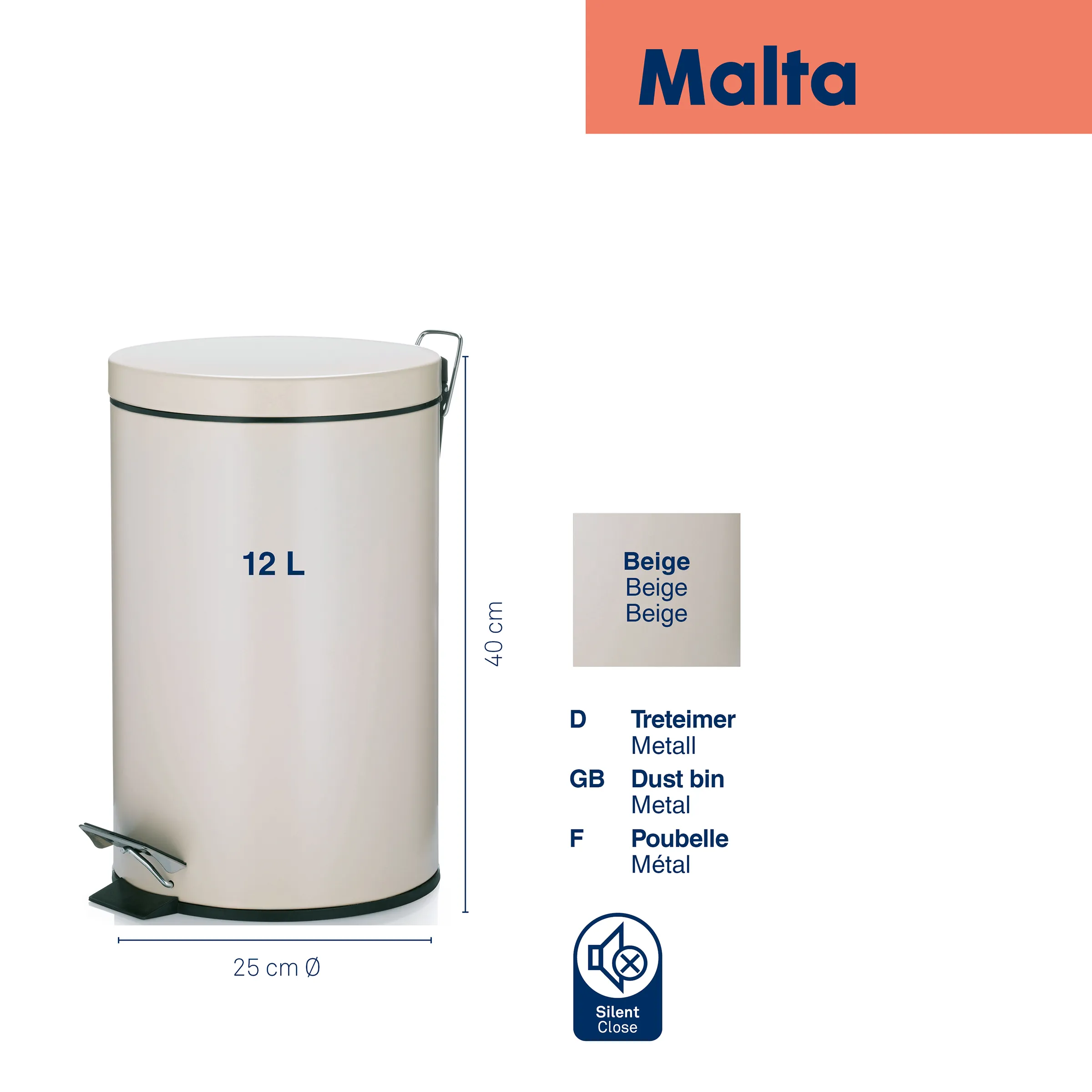Malta Treteimer 12L Beige - Metall-Mülleimer mit Silent-Close Malta Treteimer 12L in Beige, 40 cm hoch, 25 cm Durchmesser, aus Metall mit Silent-Close-Funktion
