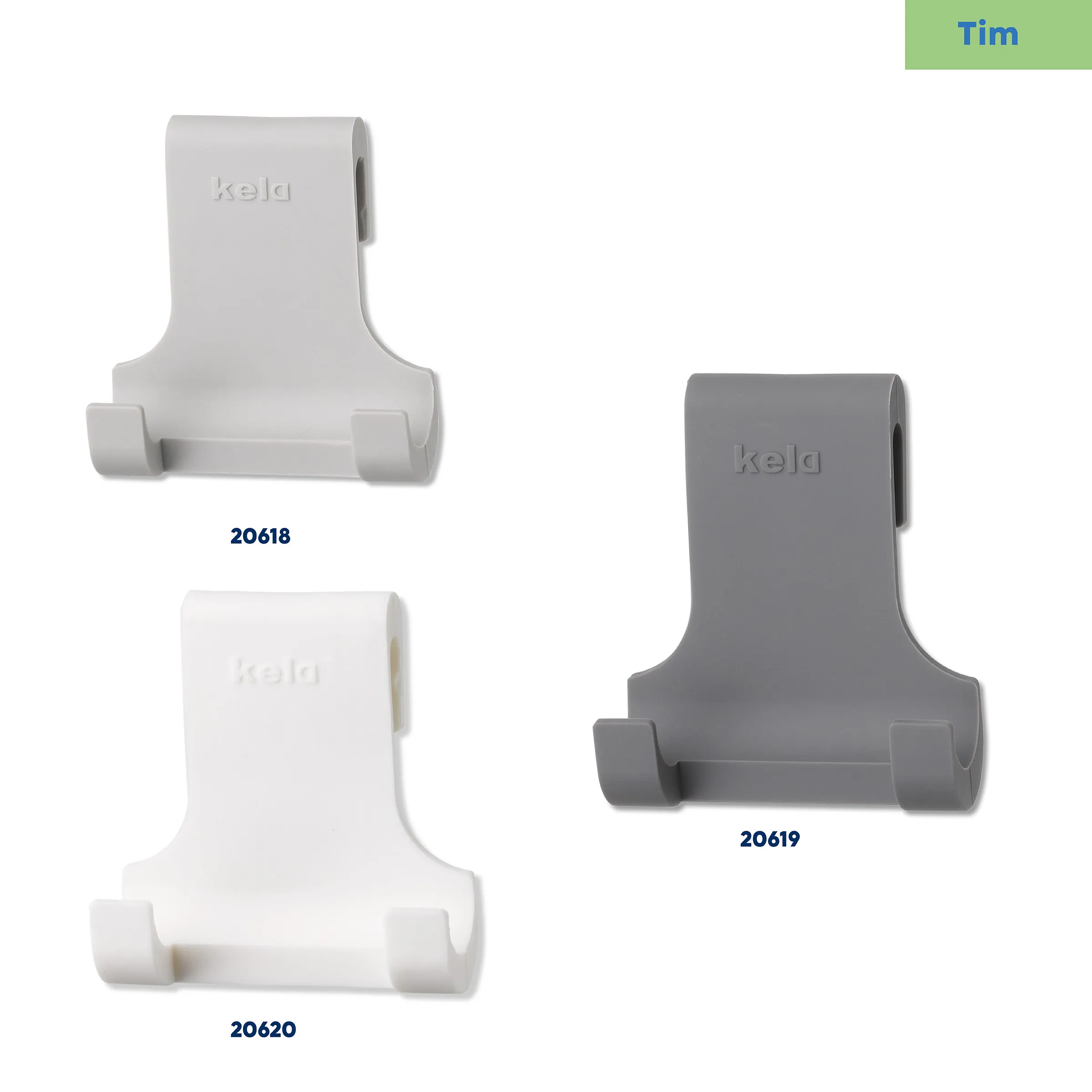 Drei Kela Tim Smartphone-Halter in Grau und Weiß, Modelle 20618, 20619 und 20620 mit Logo-Prägung