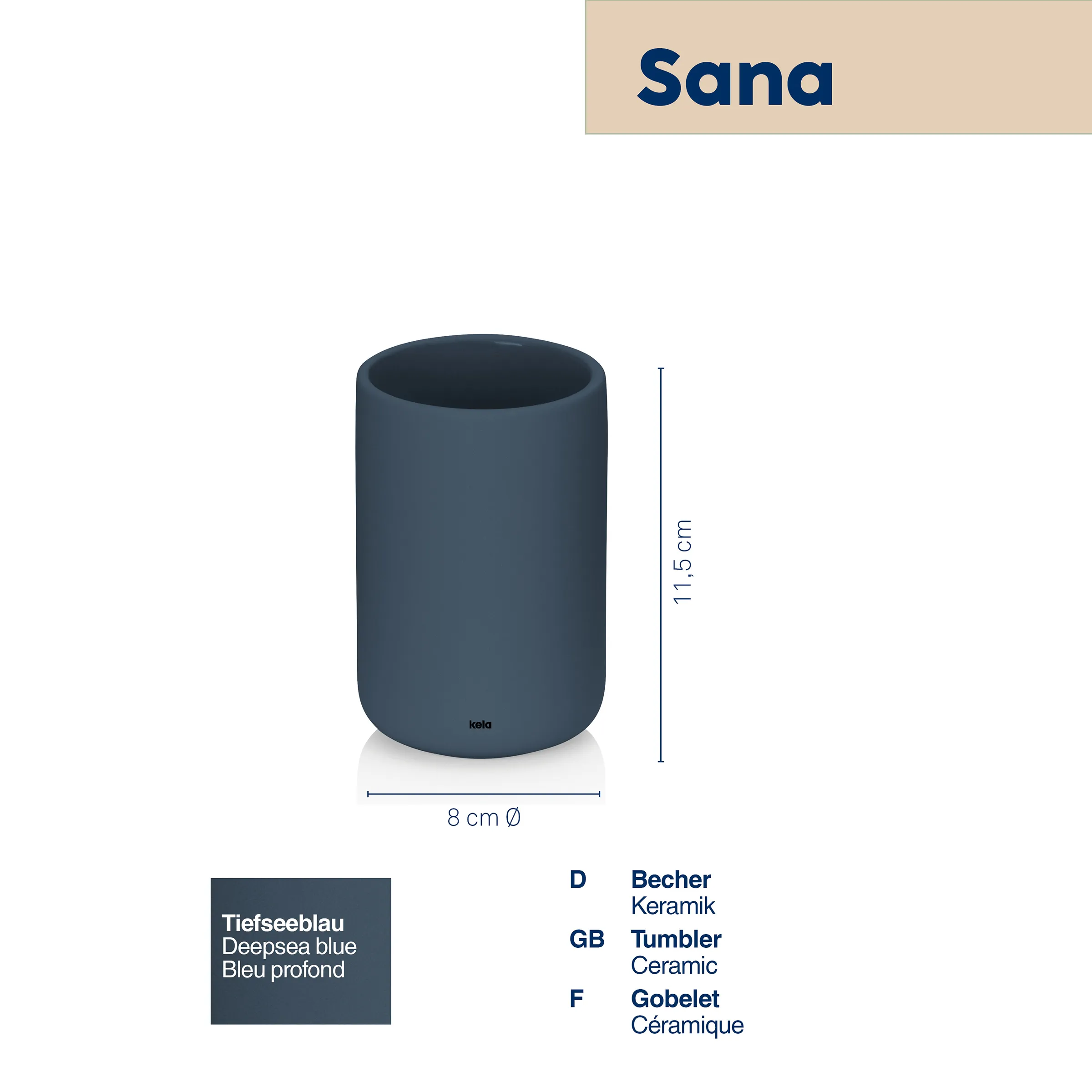 Sana Keramikbecher in Tiefseeblau mit 8 cm Durchmesser und 11,5 cm Höhe, Produktansicht mit Maßangaben