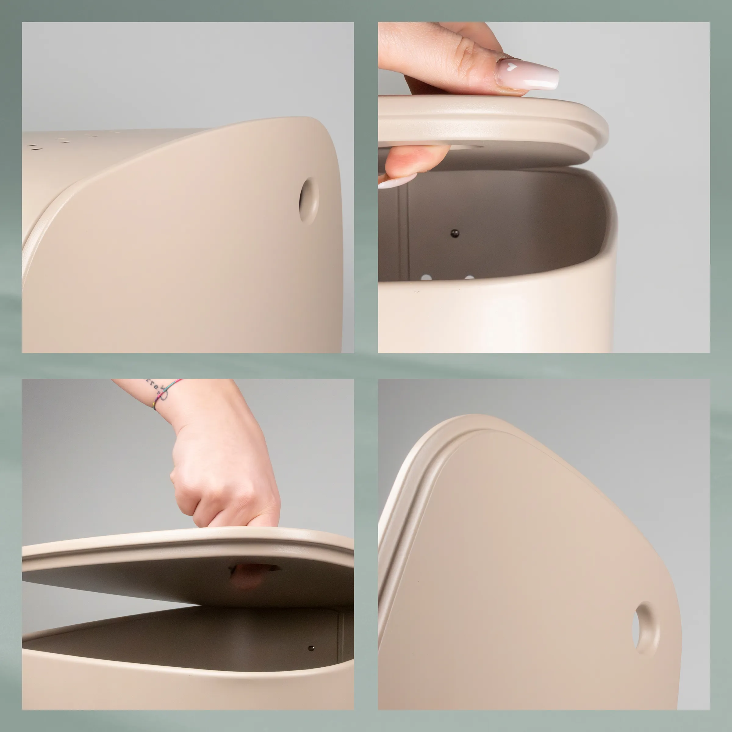 Beige Aufbewahrungsbehälter mit Deckel in verschiedenen Perspektiven und Öffnungsmechanismus, Hände zeigen die Bedienung.