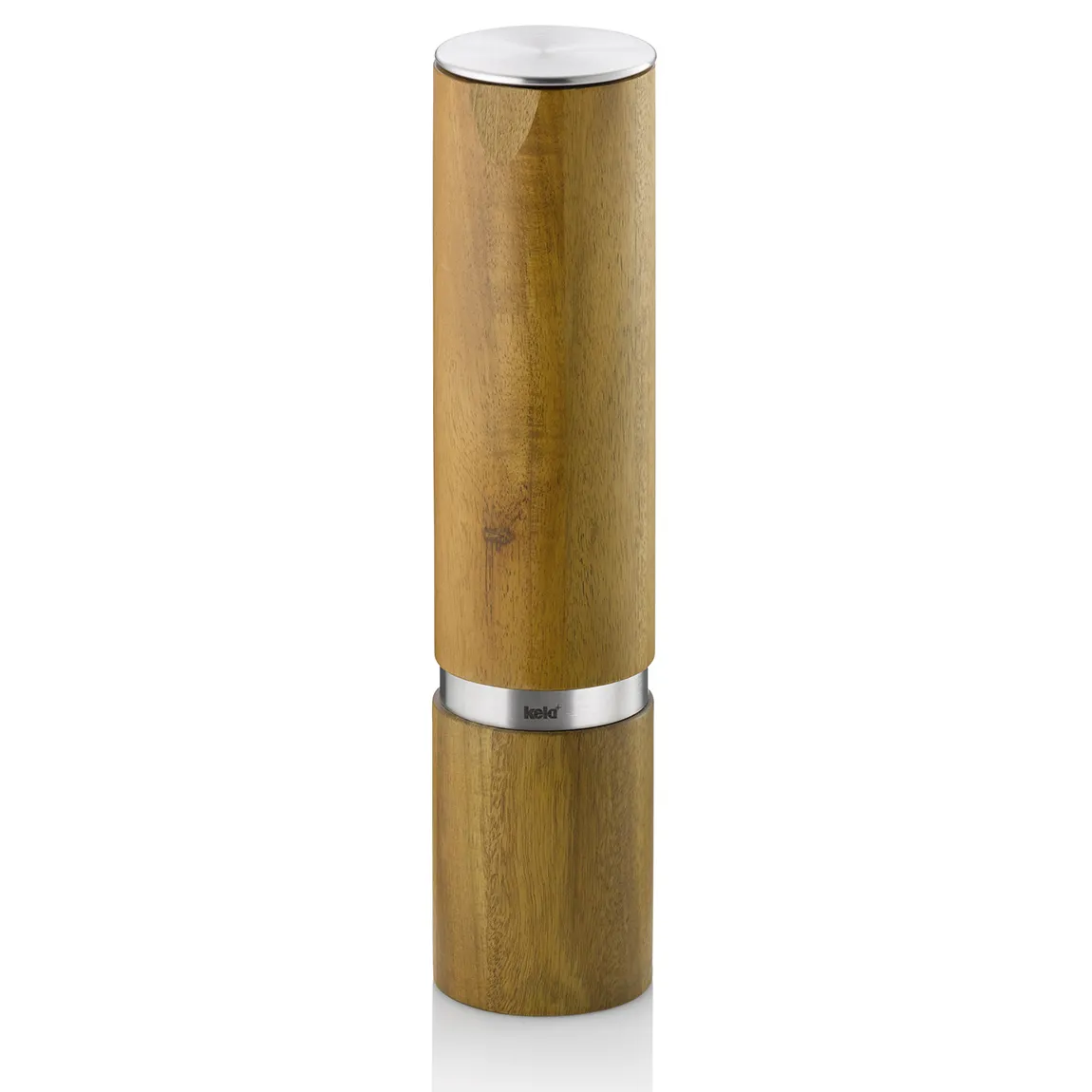 Holz-Pfeffermühle mit Keramikmahlwerk und Edelstahl Holz-Pfeffermühle mit weißer Kappe und Mahlwerk, Edelstahlband in der Mitte, modernes Design
