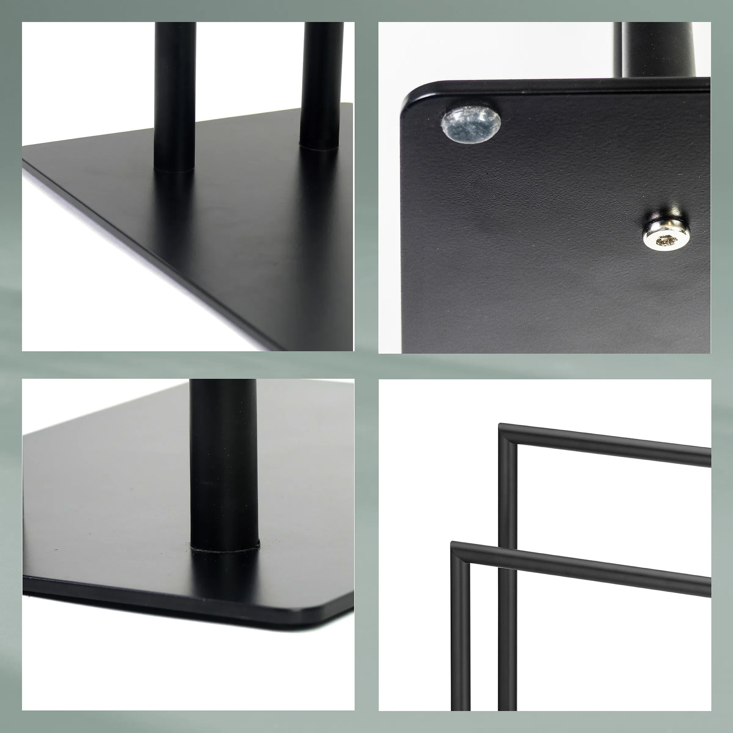 Schwarzer Ständer Metallgestell Details Detailaufnahmen eines schwarzen Ständers mit Metallgestell, Befestigungselementen und abgerundeter Standfläche