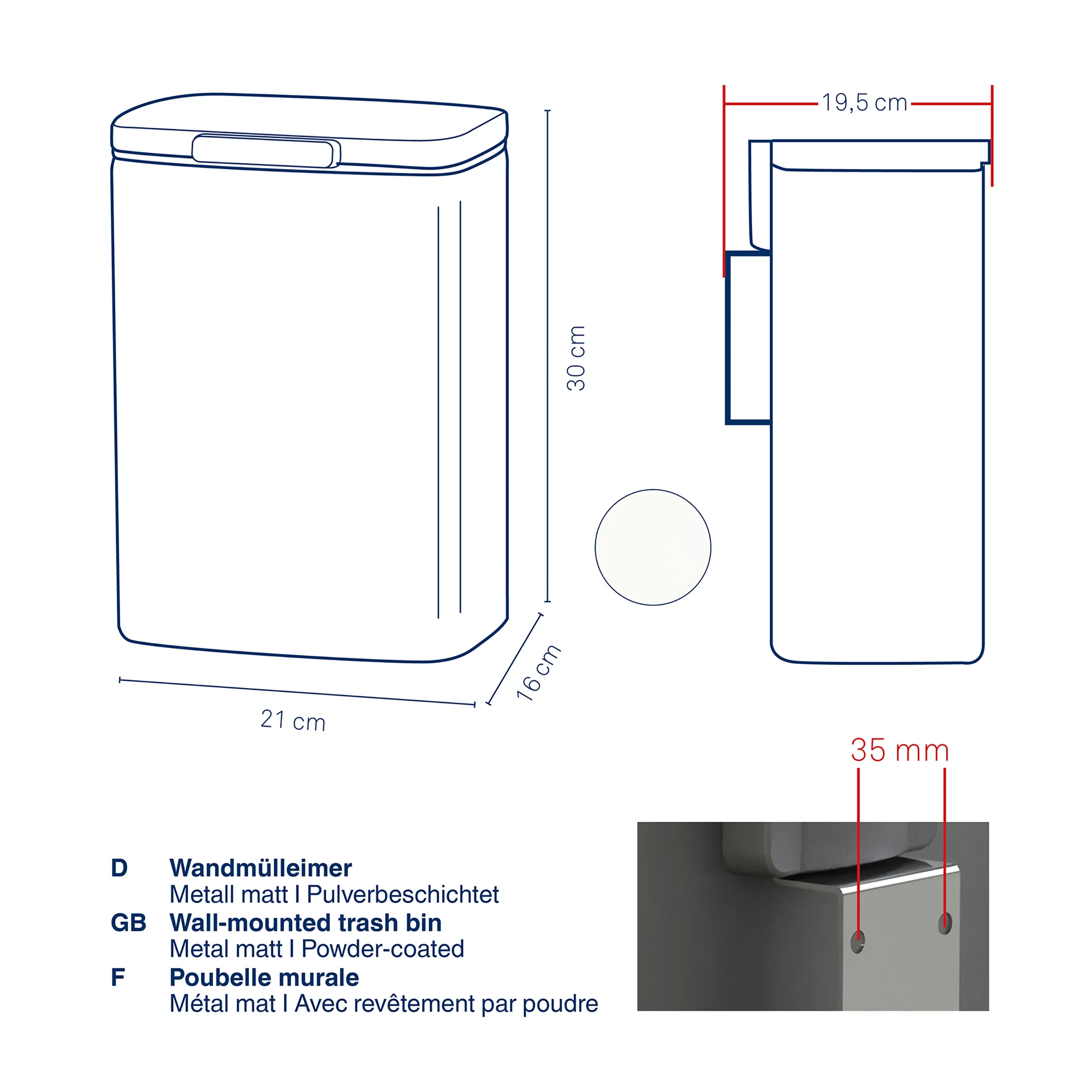 Wandmülleimer Metall matt pulverbeschichtet - Technische Maße und Montagedetails Technische Zeichnung Wandmülleimer aus Metall matt, 30x21x16 cm, pulverbeschichtet mit Detailansicht