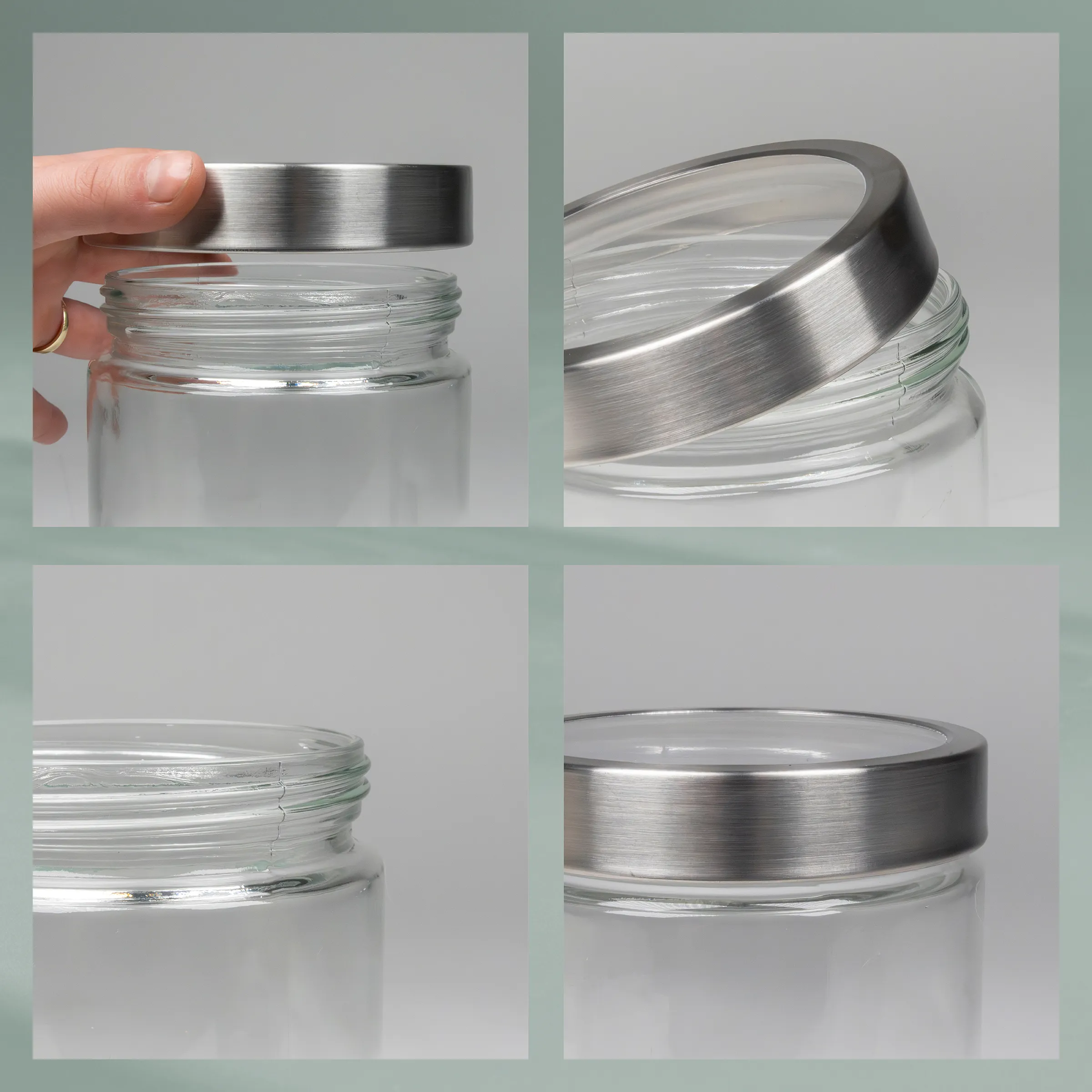 Glasdose mit Aluminium-Schraubverschluss in verschiedenen Perspektiven dargestellt. Hand hält Deckel. Detailansichten zeigen Verschlussmechanismus.