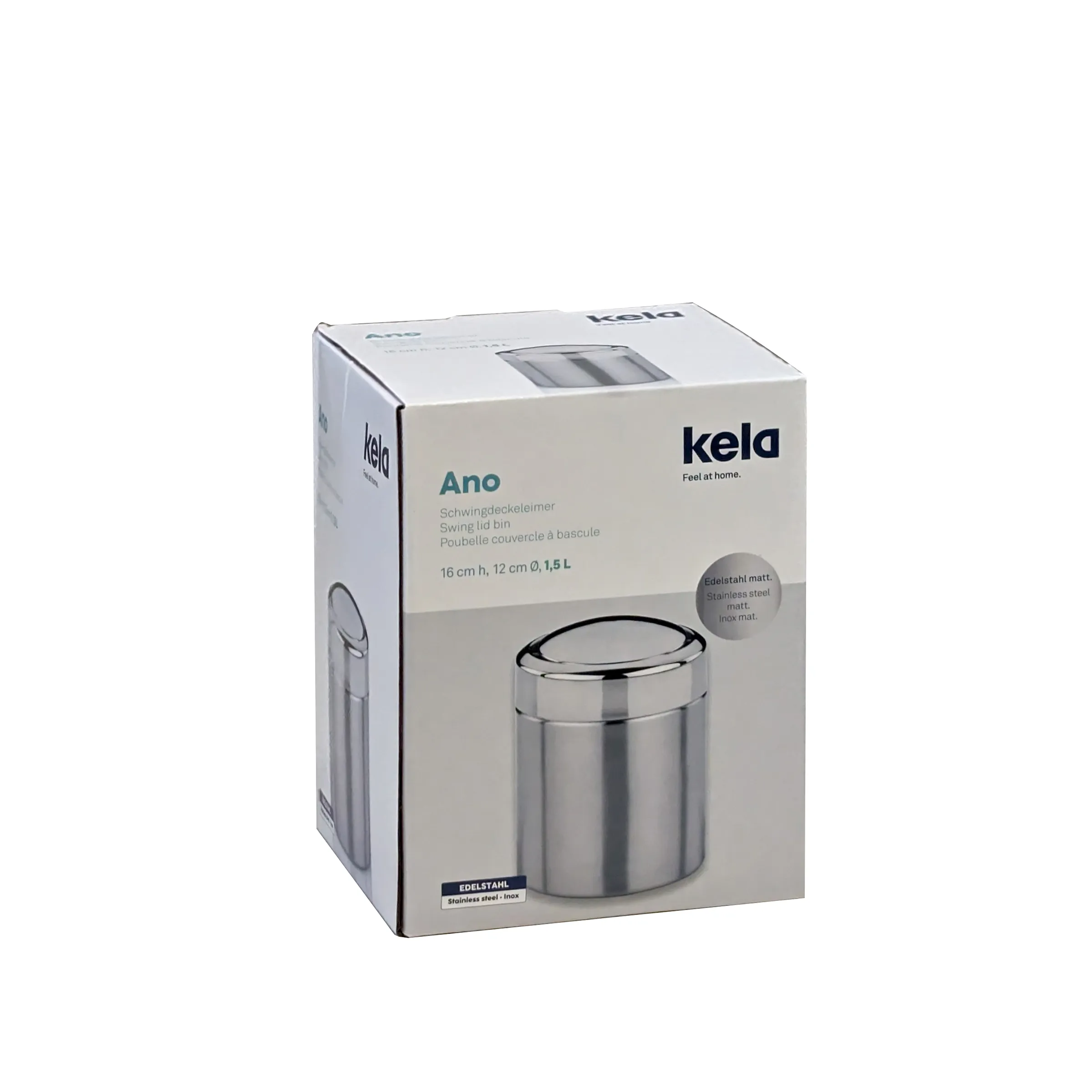 Kela Ano Schwingdeckeleimer Edelstahl matt - 1,5 L Abfalleimer Kela Ano Schwingdeckeleimer aus mattem Edelstahl in Produktverpackung, 1,5 L Volumen