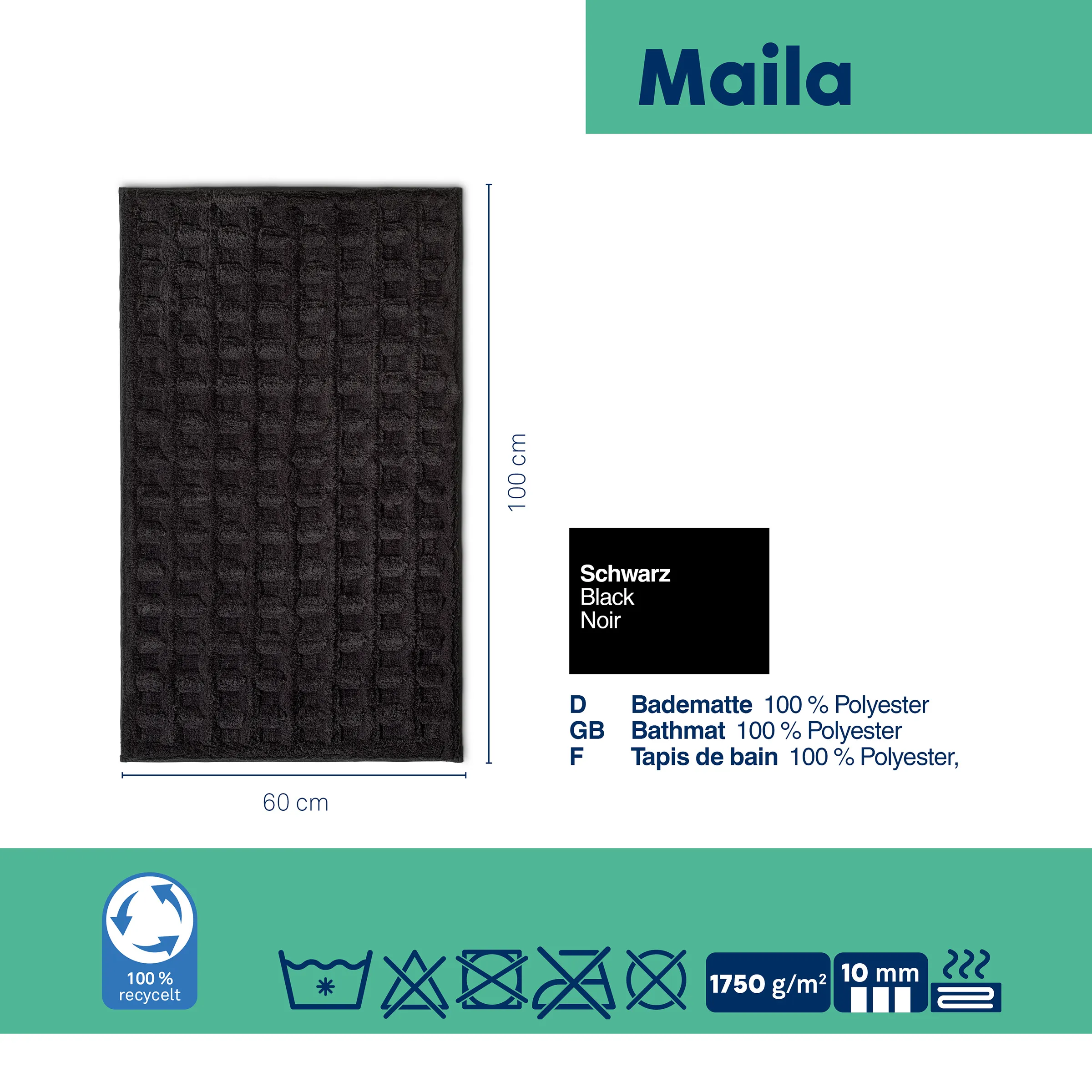 Maila Badematte schwarz 60x100 cm Polyester Schwarze Badematte Maila 60x100 cm aus 100% Polyester mit Waffelmuster und Waschhinweisen