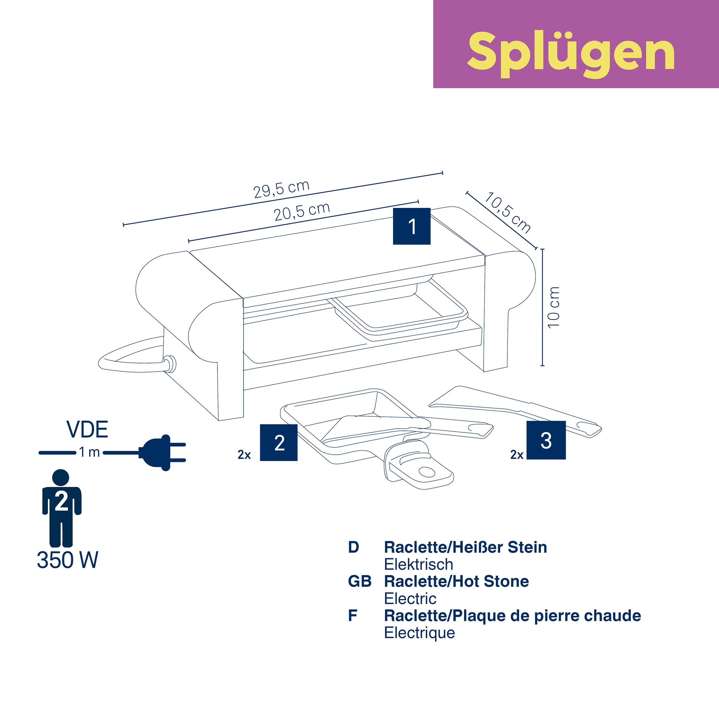 Raclette Heißstein Gerät elektrisch - Spülgen Raclette-Gerät mit Heißstein, 350W, technische Zeichnung mit Maßangaben und Zubehör, VDE-zertifiziert
