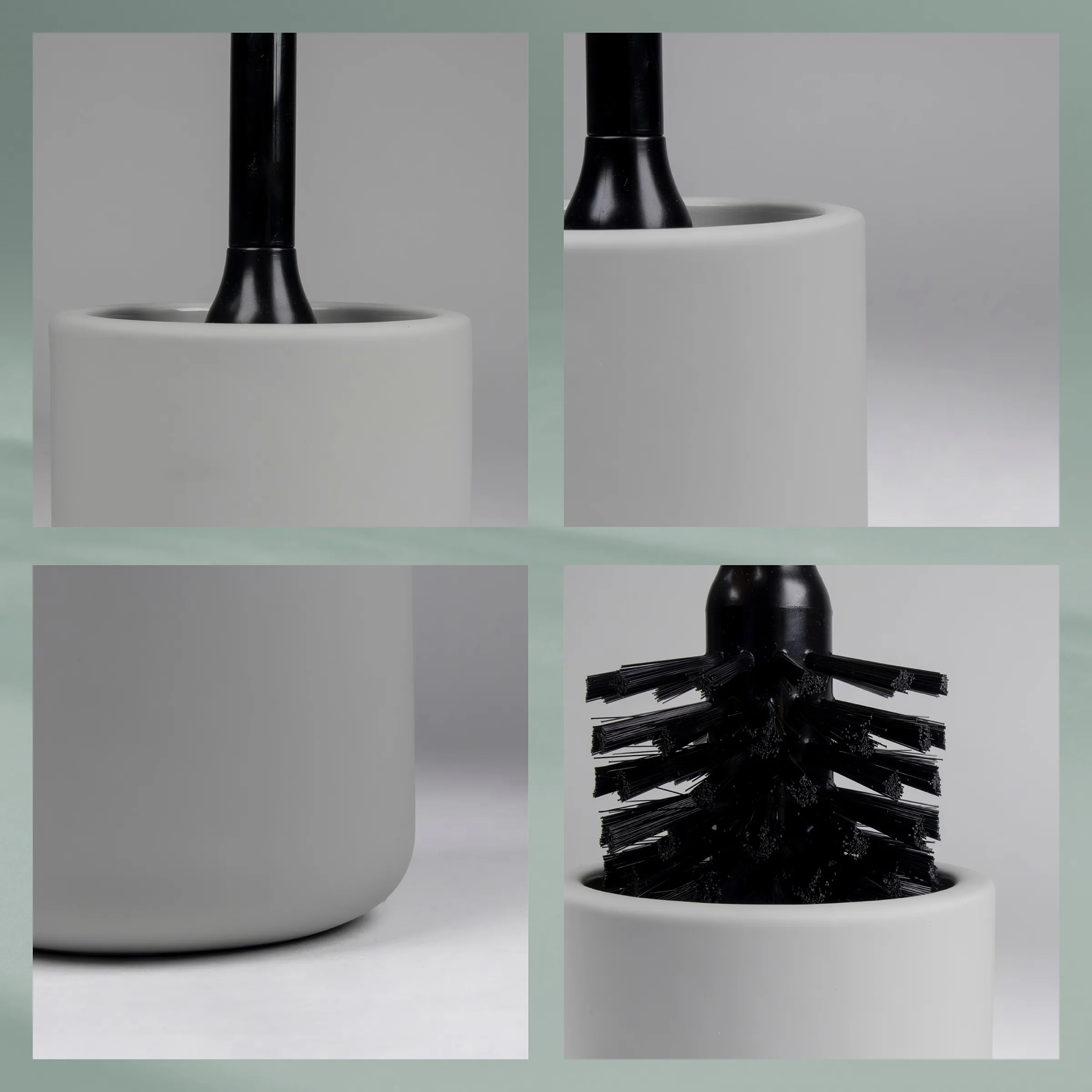Design Zahnbürste Behälter minimalistisch modern Minimalistische Zahnbürste mit weißem Behälter und schwarzem Griff in vier verschiedenen Perspektiven