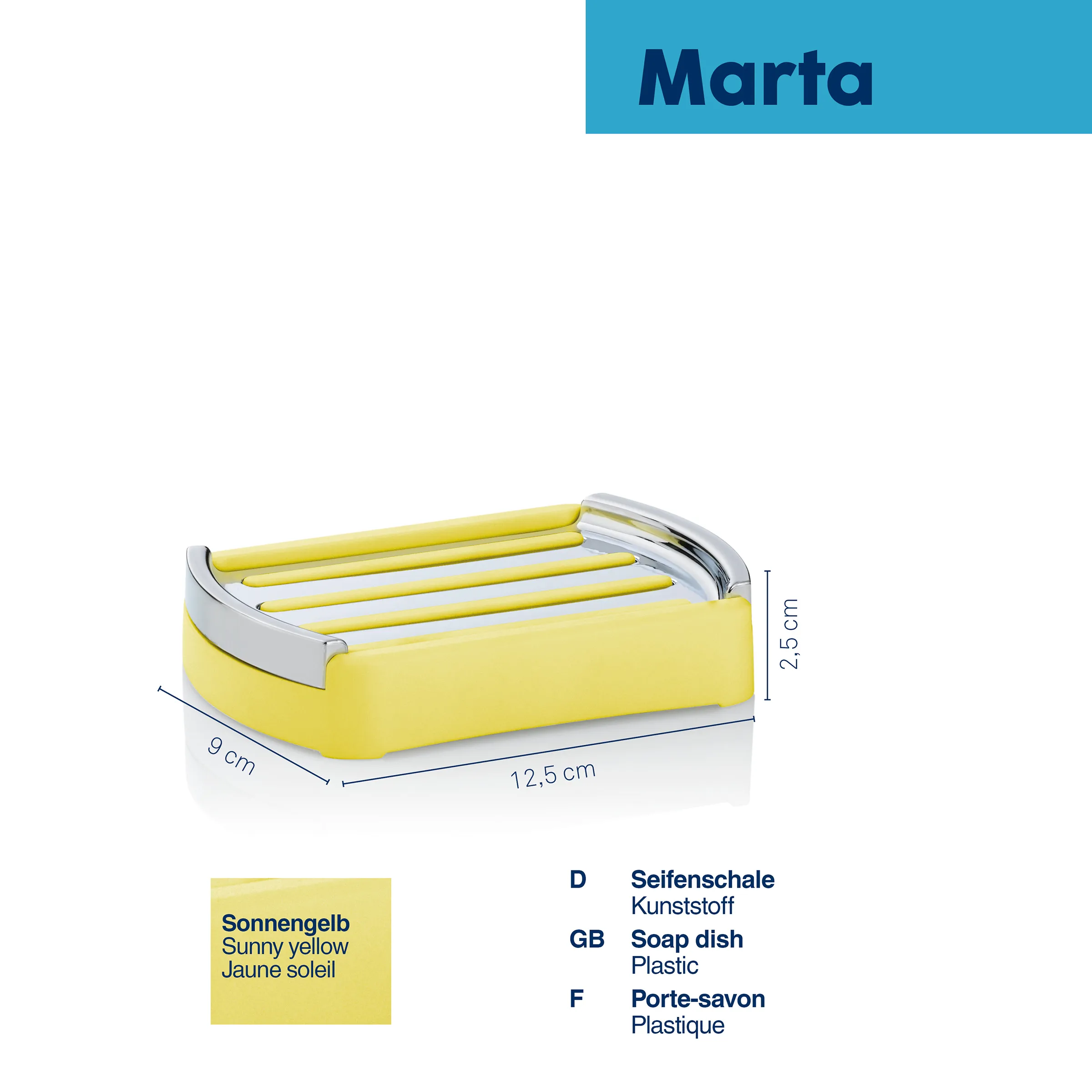 Gelbe Seifenschale Marta aus Kunststoff mit Abmessungen 12,5 x 9 x 2,5 cm und verchromten Griffen