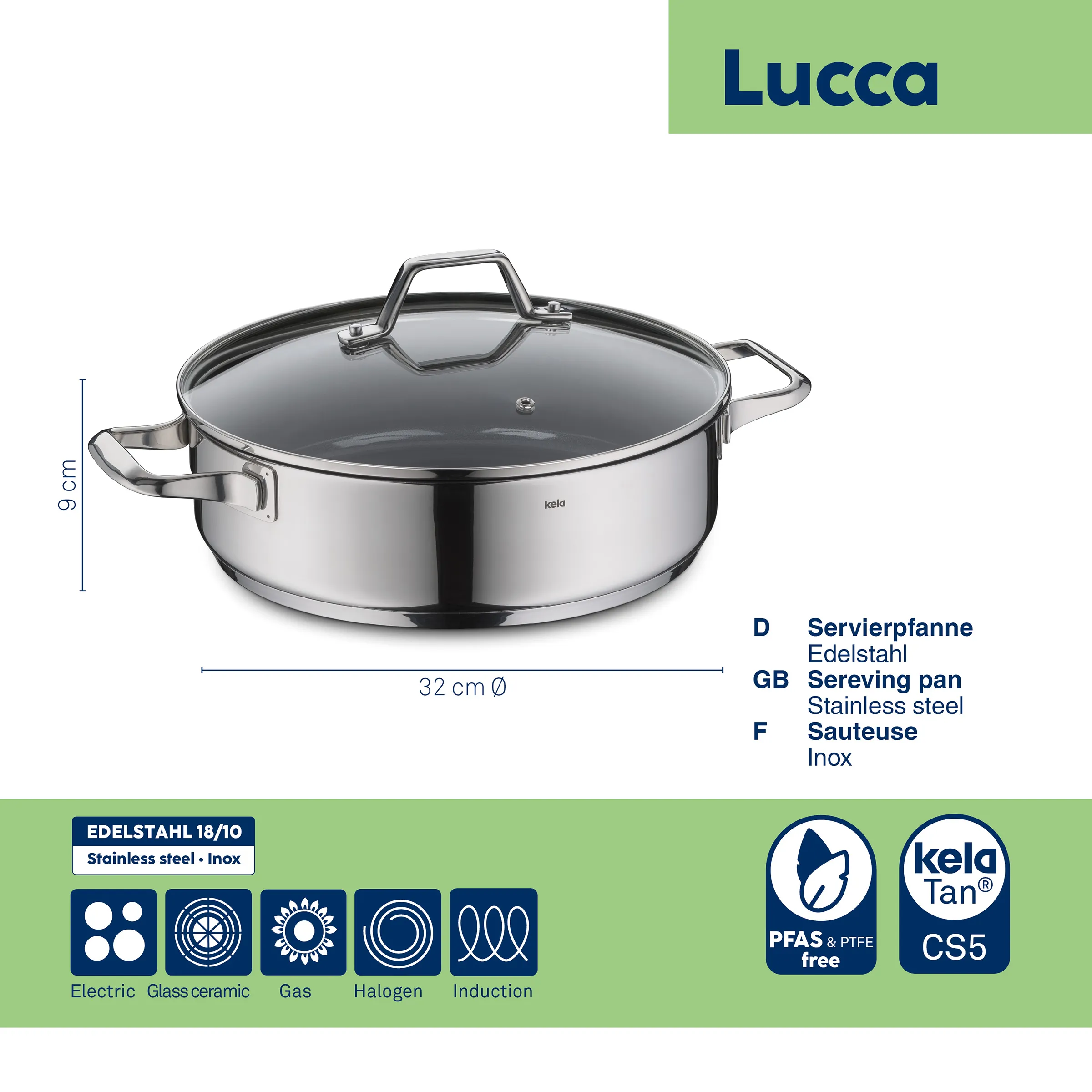 Sauteuse Lucca Inox 32cm avec Couvercle Sauteuse Lucca en acier inoxydable avec couvercle en verre, diamètre 32 cm, hauteur 9 cm, compatible induction