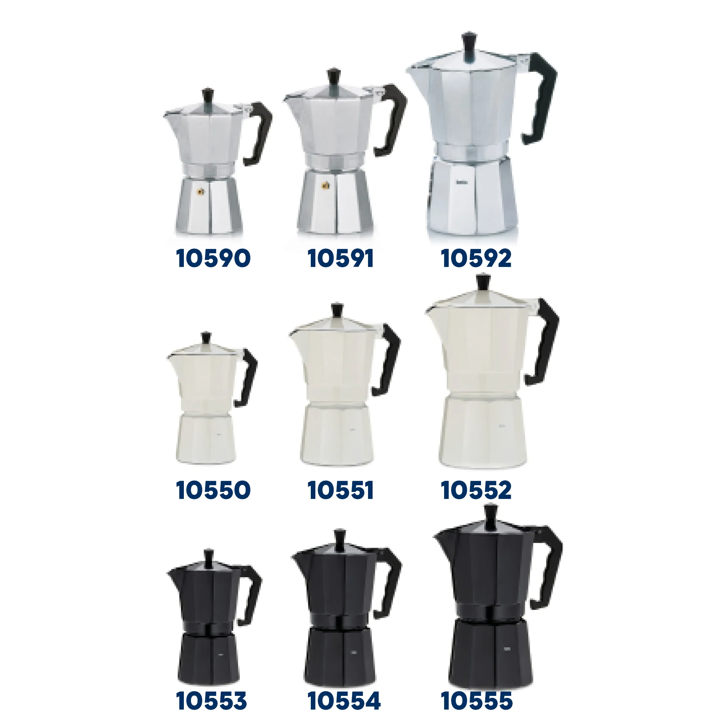 Mokkakannen Set - Espressokanne in verschiedenen Größen Neun Mokkakannen in verschiedenen Größen und Farben: Silber, Weiß und Schwarz mit Nummern 10590-10592, 10550-10552 und 10553-10555.