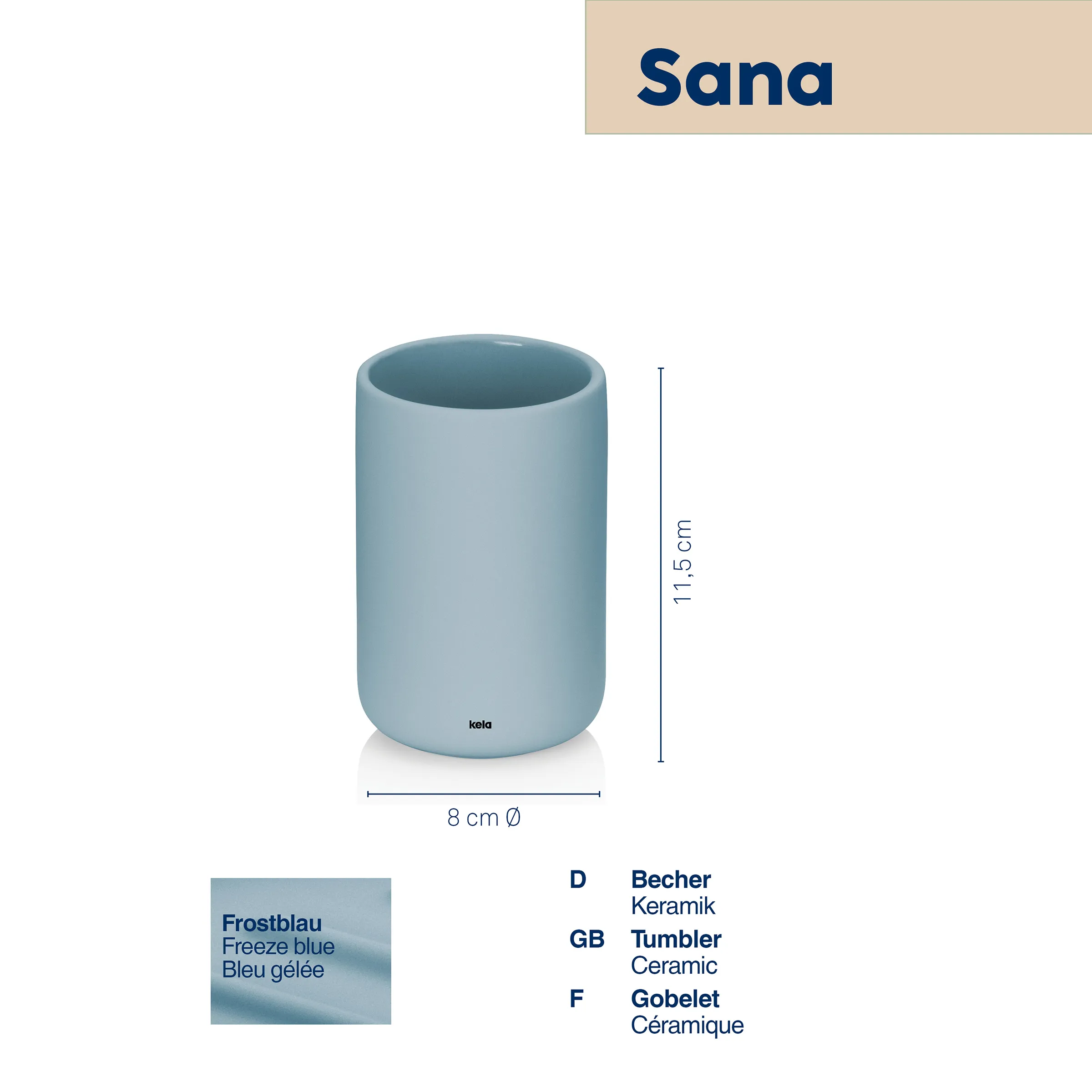 Sana Frostblau Keramikbecher, 8 cm Durchmesser, 11,5 cm Höhe, matt glasiert auf weißem Hintergrund