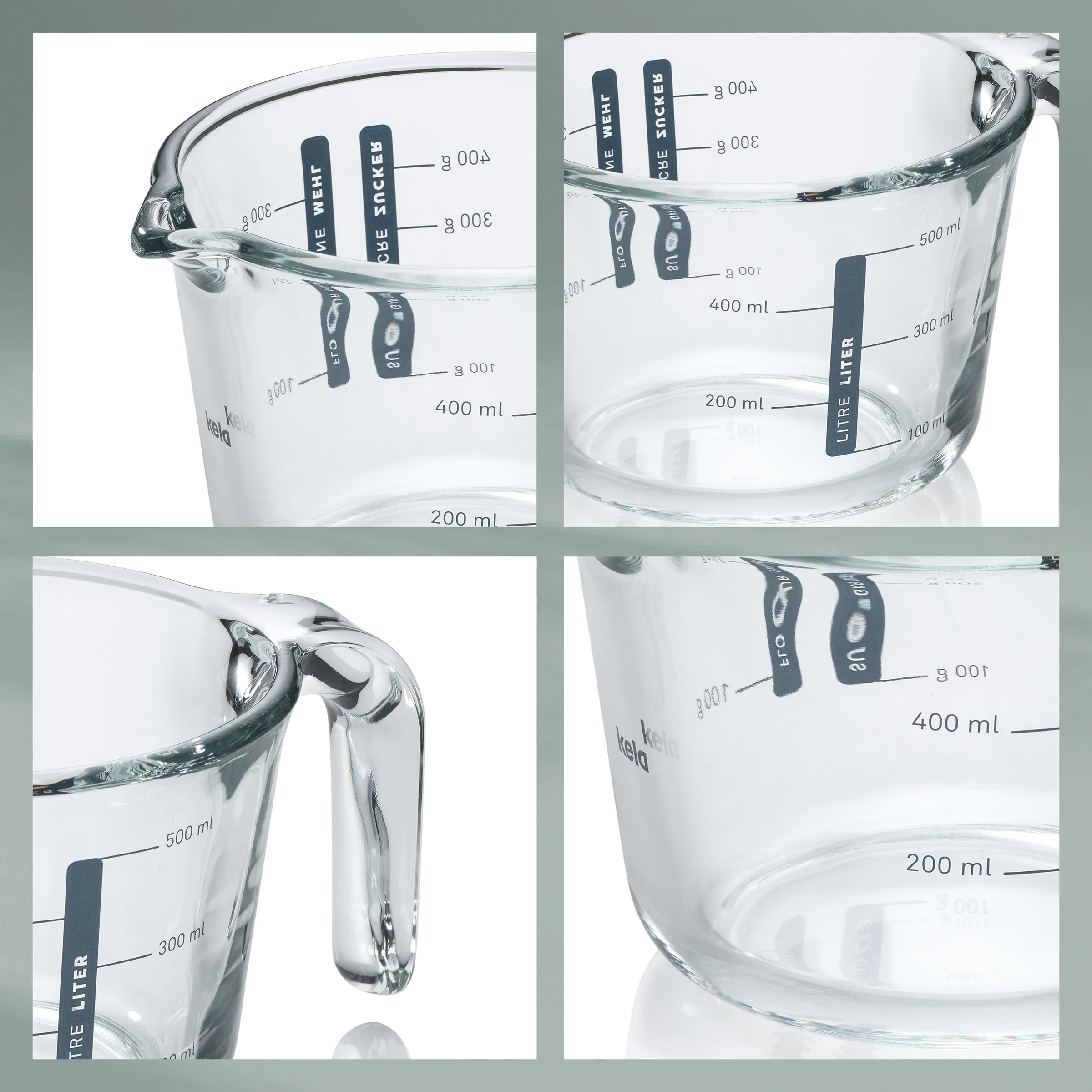 Glas-Messbecher mit Skala und Ausgießer - Küchenhelfer Glas-Messbecher mit Skala bis 800ml, Ausgießer und Griff in vier Detailansichten