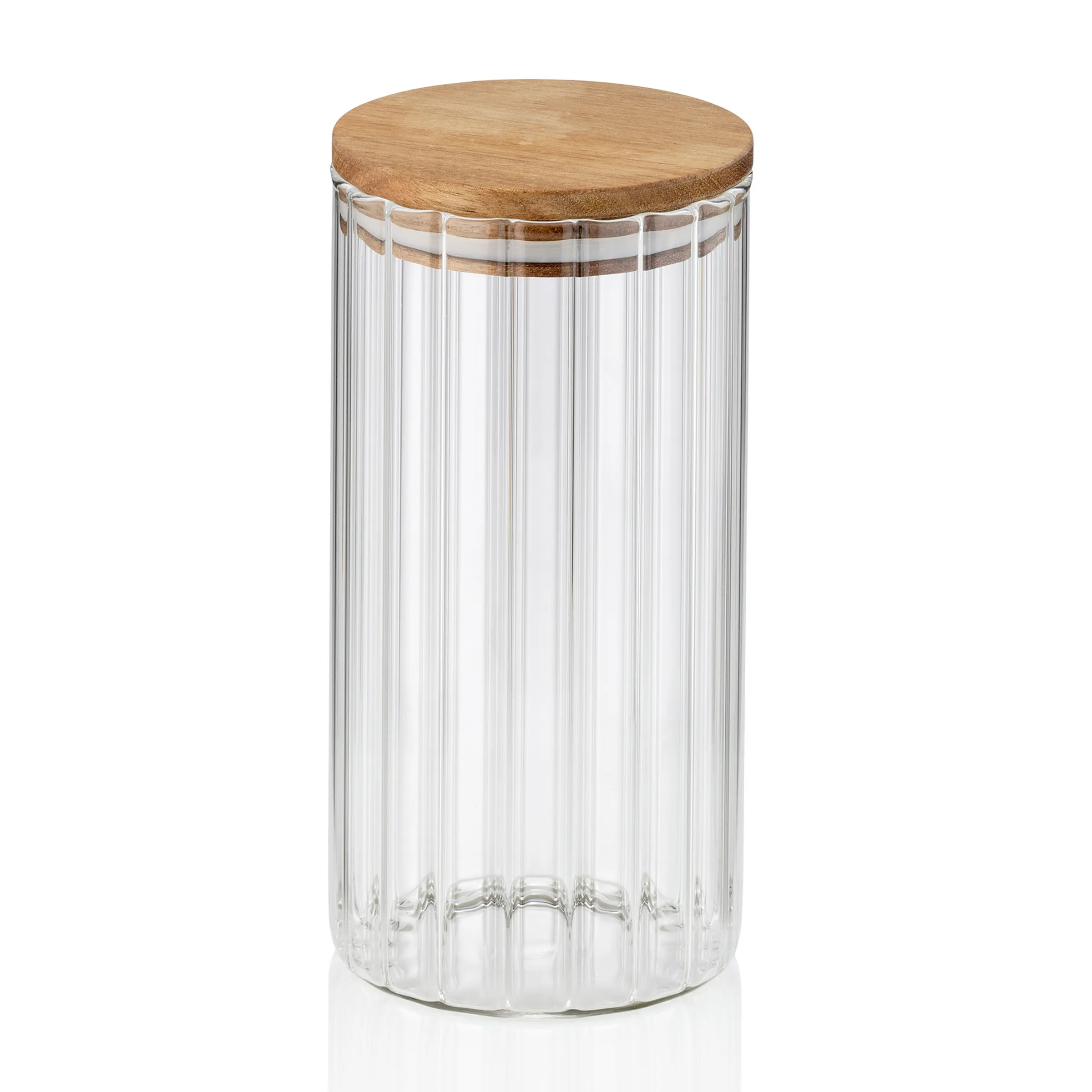 Vorratsglas mit Holzdeckel – geriffelt, luftdicht, Küchen-Aufbewahrung Geriffelter Glasvorratsbehälter mit luftdichtem Holzdeckel für trockene Lebensmittel