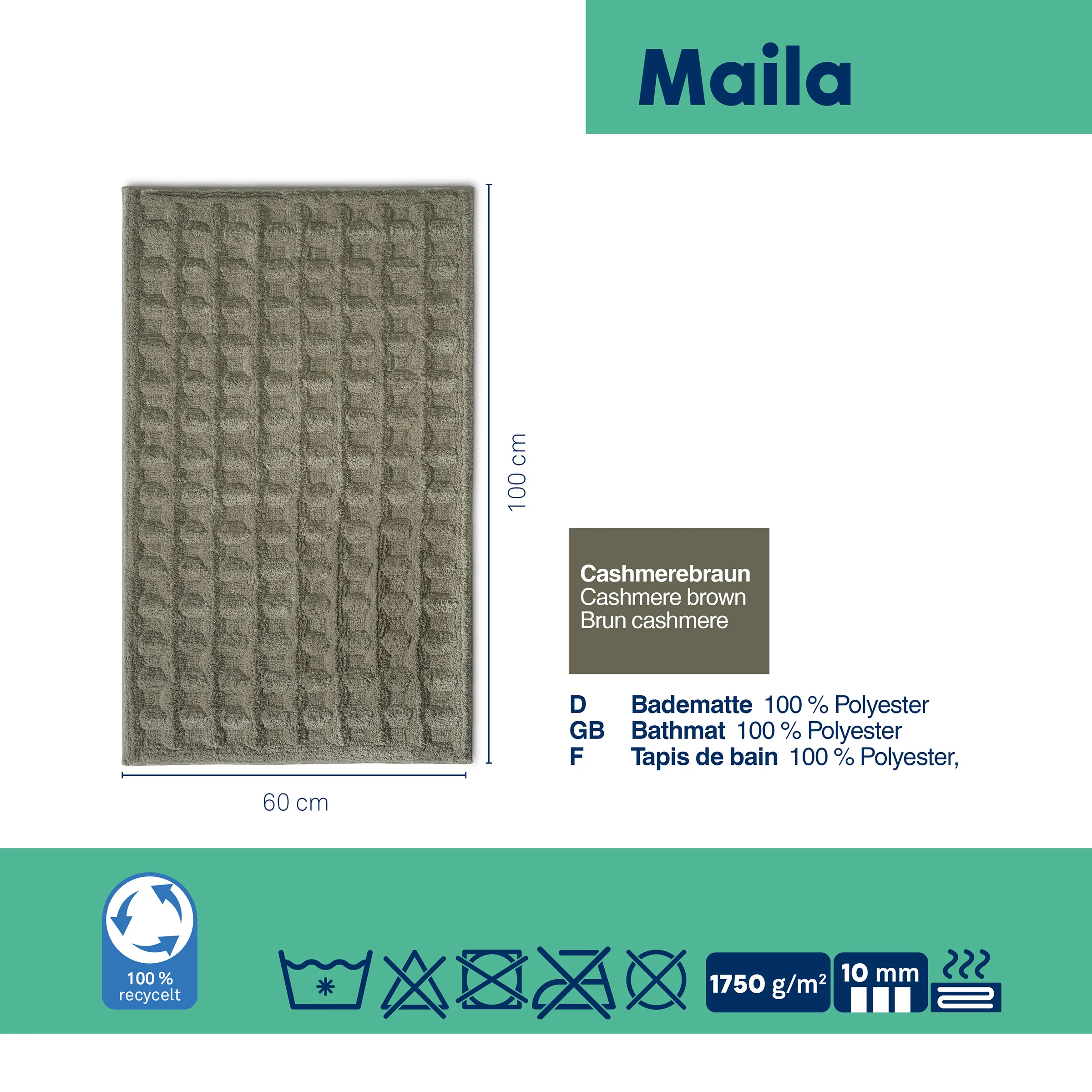 Maila Badematte Cashmerebraun 60x100 cm Cashmerebraune Badematte Maila, 60 x 100 cm, 100% Polyester, 1750 g/m², strukturierte Oberfläche