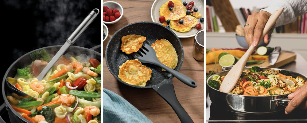 Antihaft-Pfannen Set zum Kochen - Bratpfanne Gemüsepfanne Wok für gesunde Küche Drei Pfannen bei der Zubereitung: Gemüse-Garnelen-Wok, Pfannkuchen in Bratpfanne, asiatisches Nudelgericht