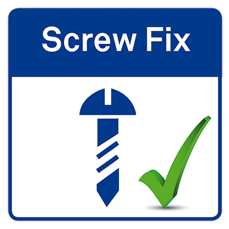 Screw Fix - Befestigungstechnik und Qualitätszertifizierung Screw Fix Logo mit Schraube und grükem Häkchen als Qualitätssiegel auf blauem Hintergrund