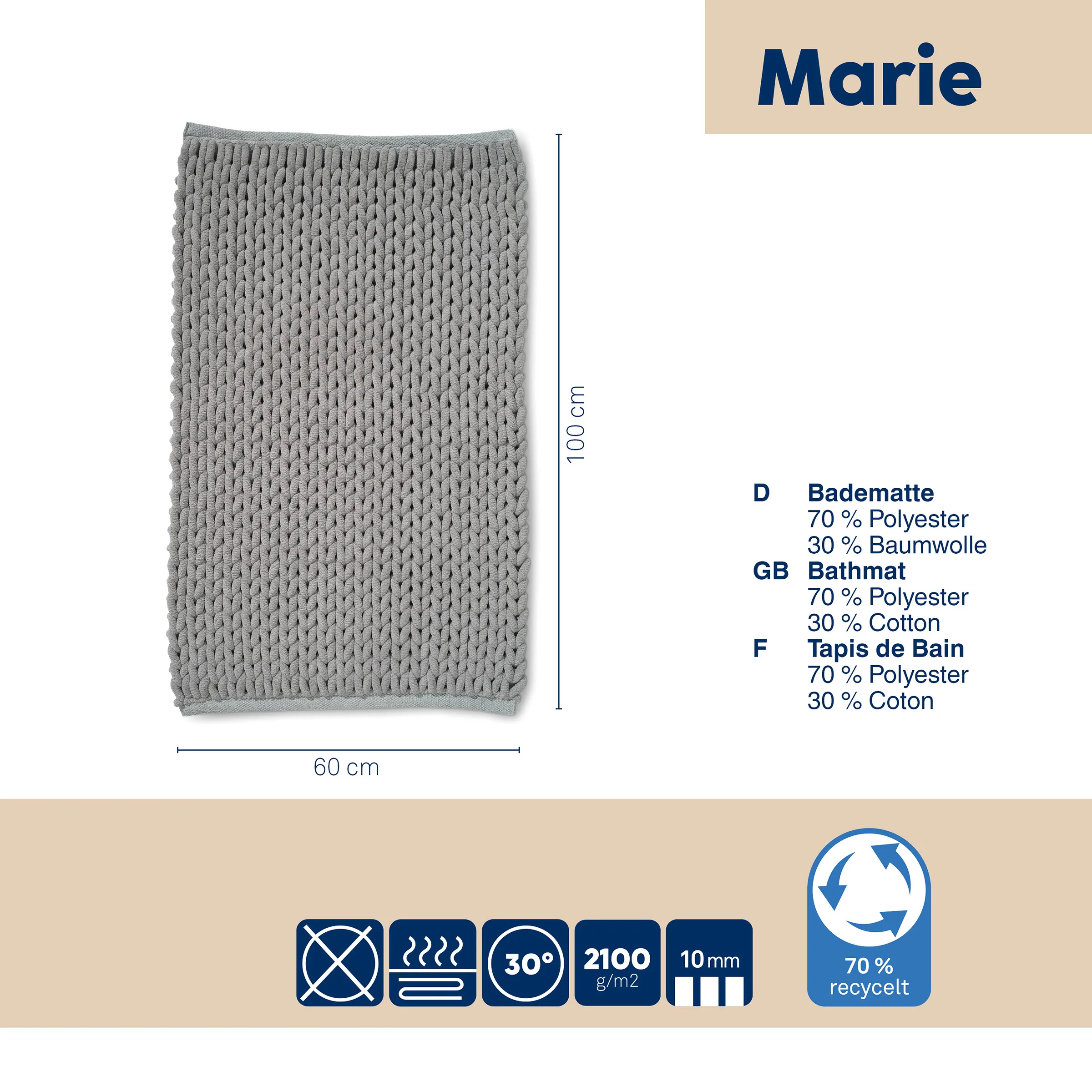 Badematte Marie grau 60x100cm - 70% recyceltes Polyester, rutschfest waschbar Graue Badematte Marie 60x100 cm mit strukturierter Oberfläche, 70% Polyester 30% Baumwolle, recycelt