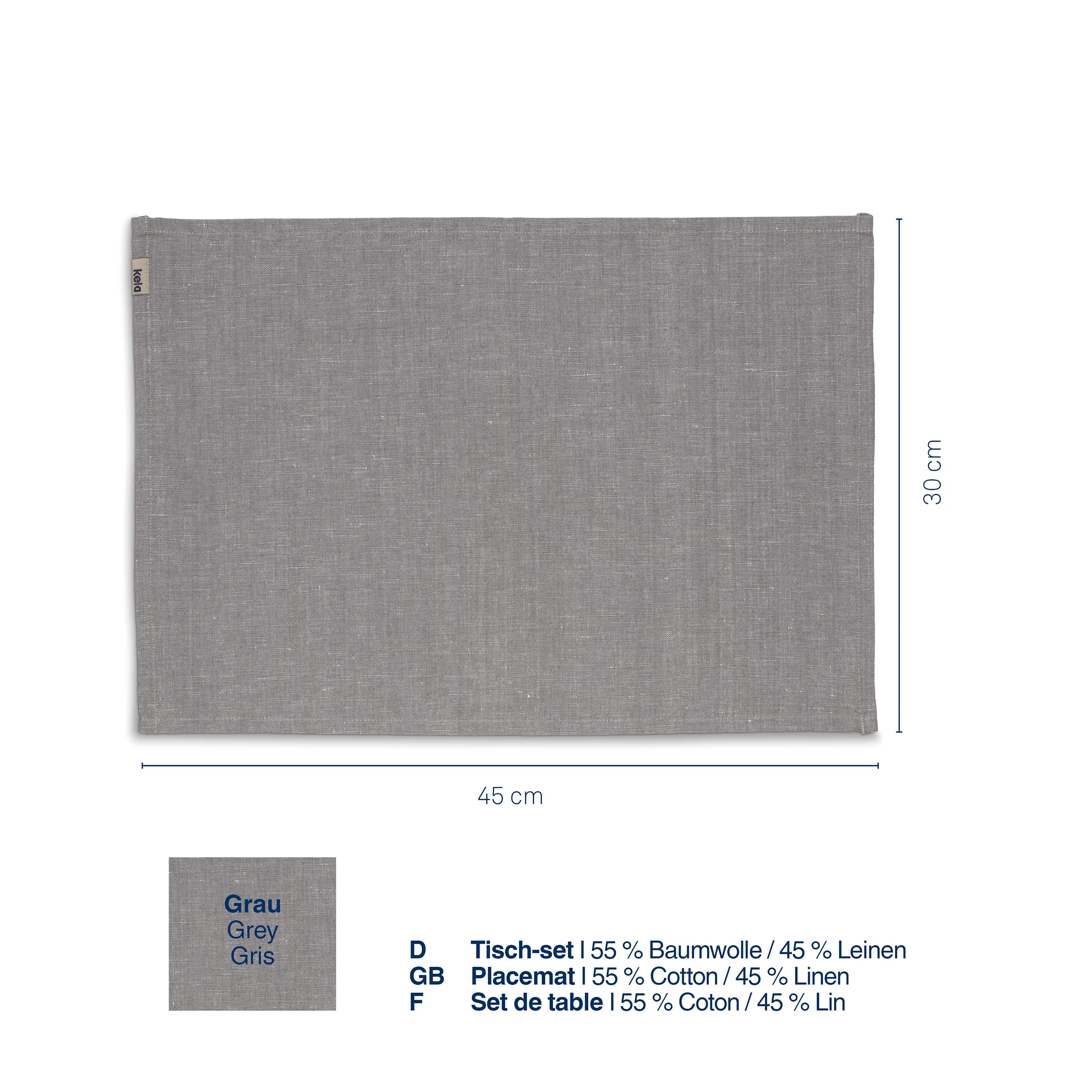 Grauer Tisch-Set Baumwolle Leinen 45x30 cm Grauer Tisch-Set aus Baumwolle und Leinen, 45 cm breit und 30 cm hoch, mit Maßangaben