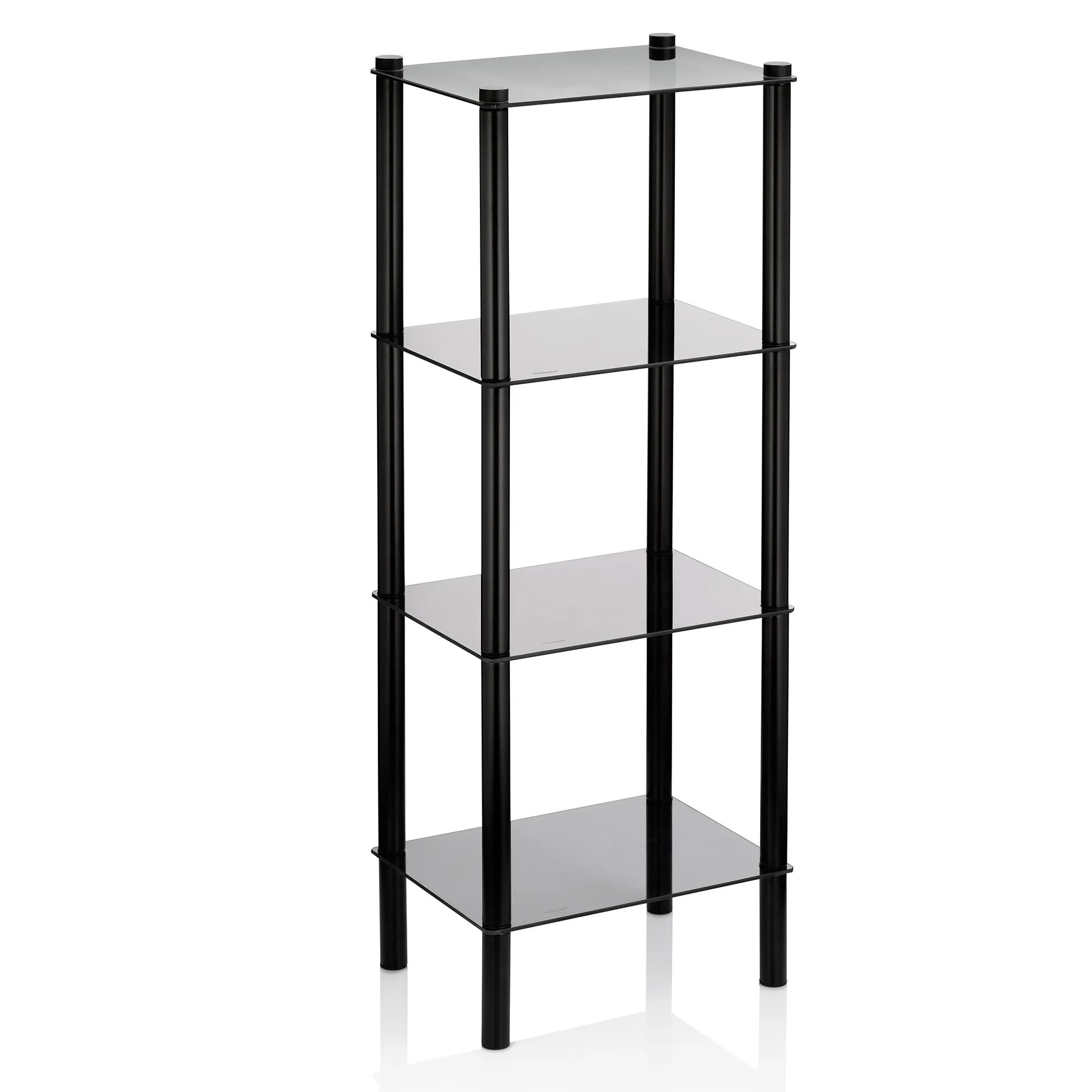 Schwarzes Standregal mit vier grauen Glasböden und vier Metallpfosten, modernes Design für Wohnzimmer oder Büro