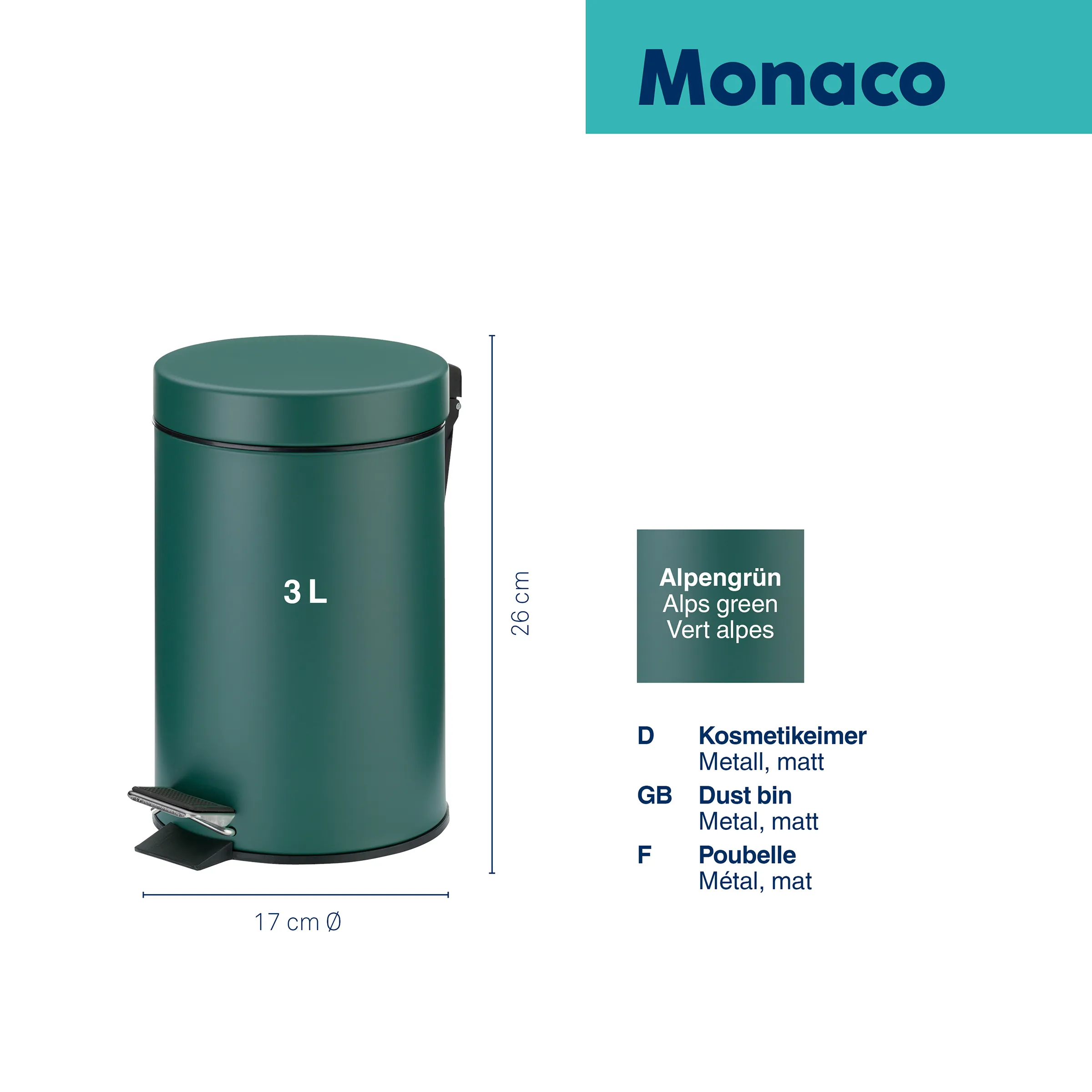 Alpengrüner 3L Treteimer Monaco mit 17 cm Durchmesser und 26 cm Höhe, Metall matt